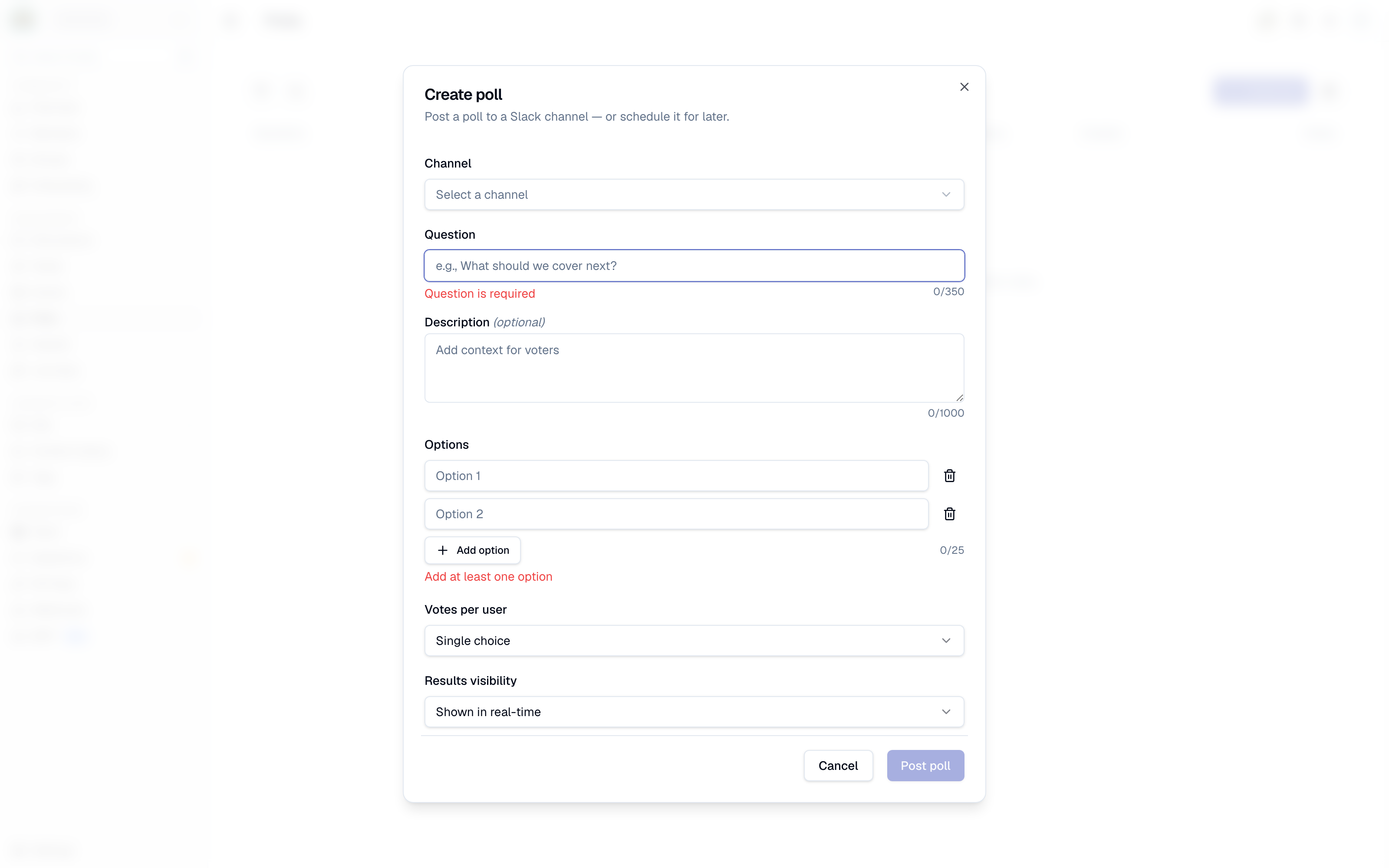 The create-poll dialog in Studio