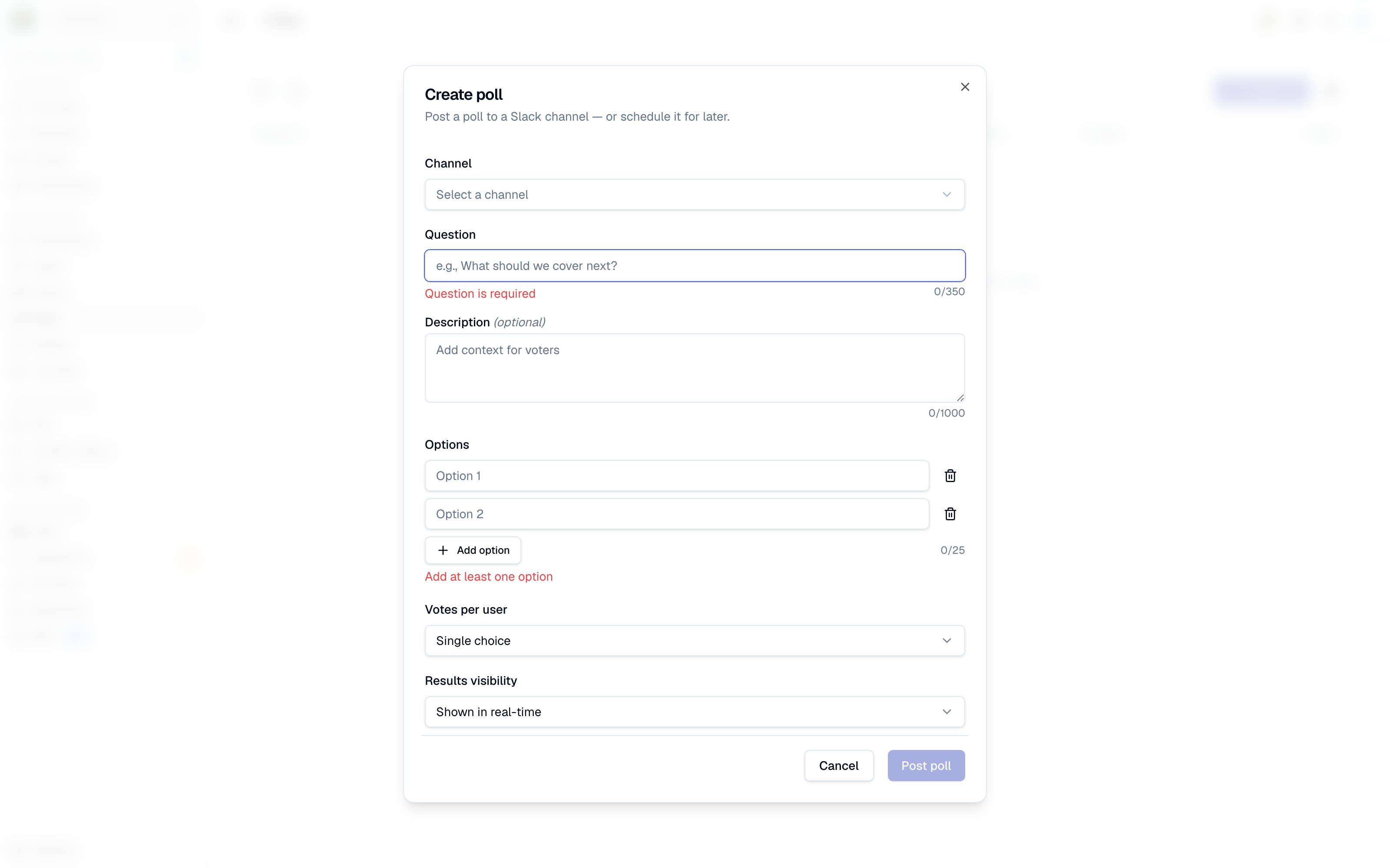 The create-poll dialog in Studio