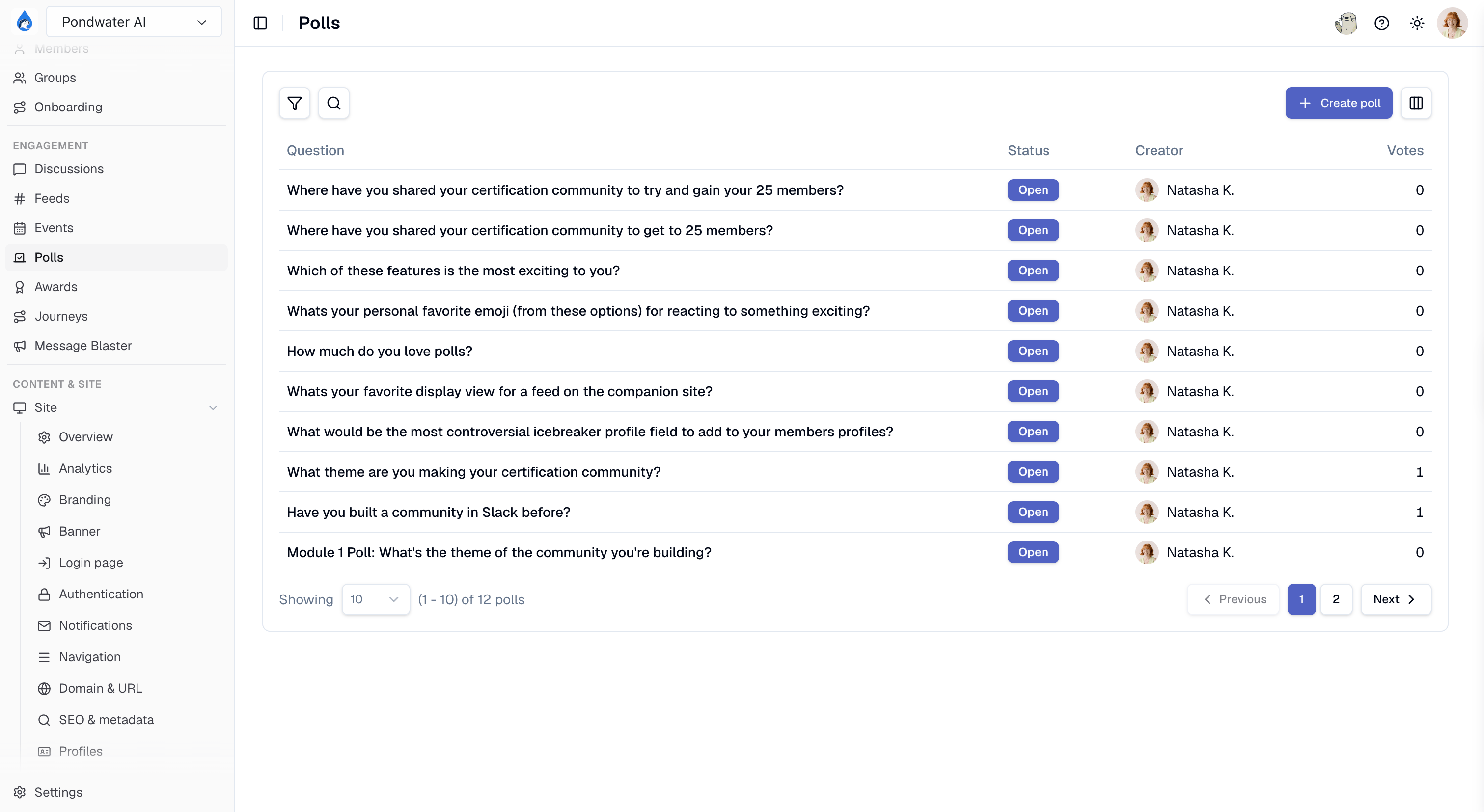Polls, one of the Engagement pages in Studio