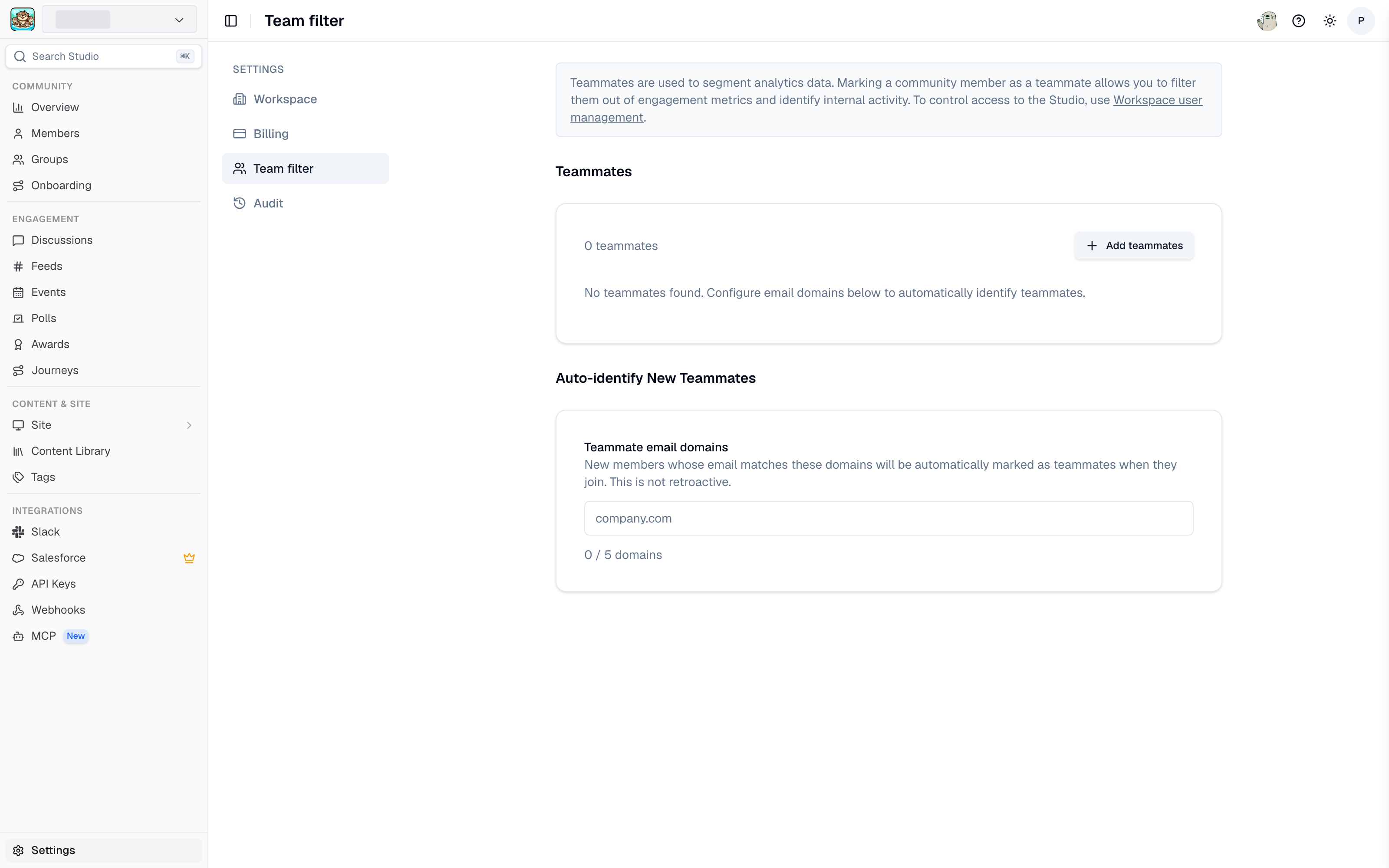 Team filter settings in Studio