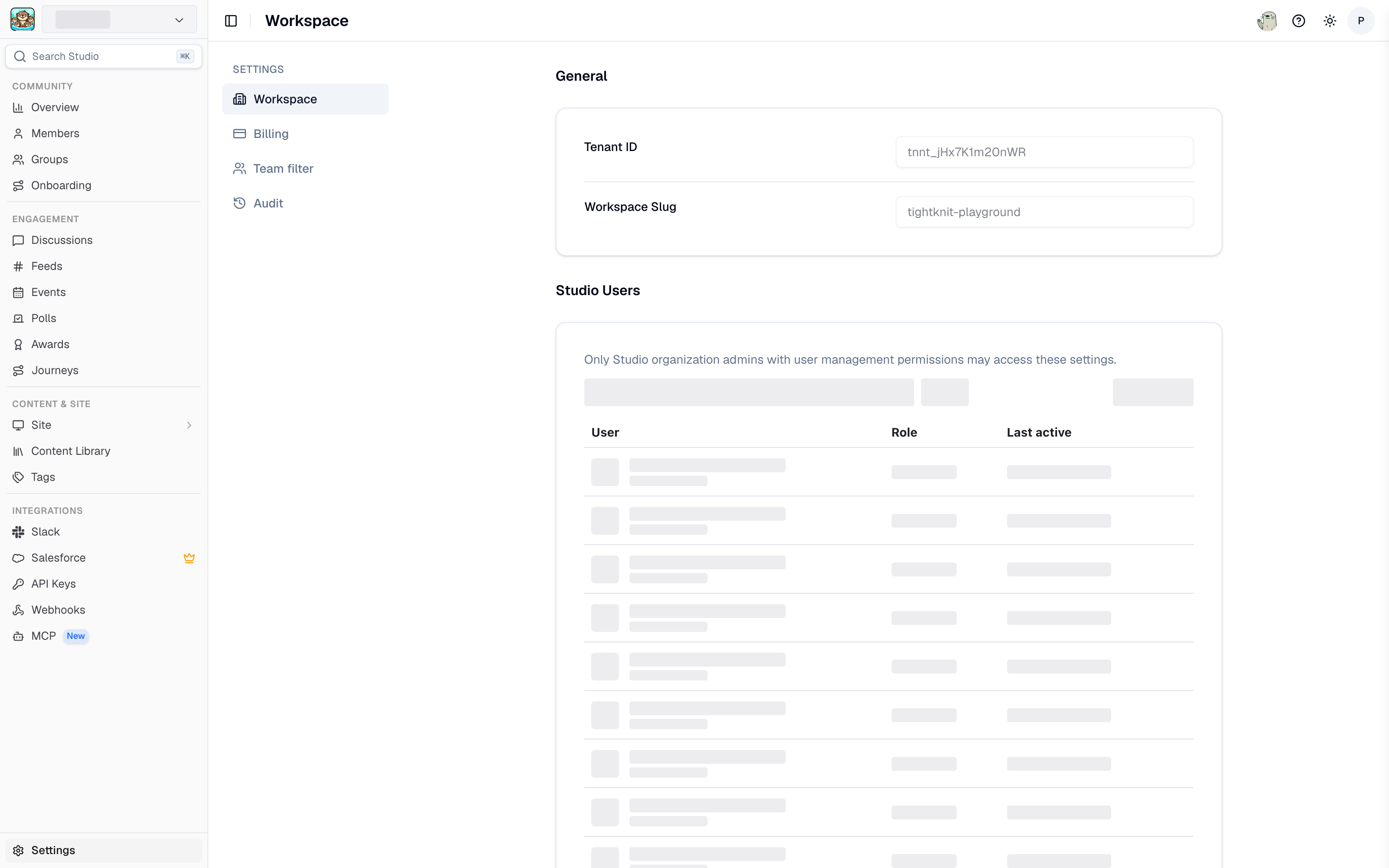 Workspace settings in Studio