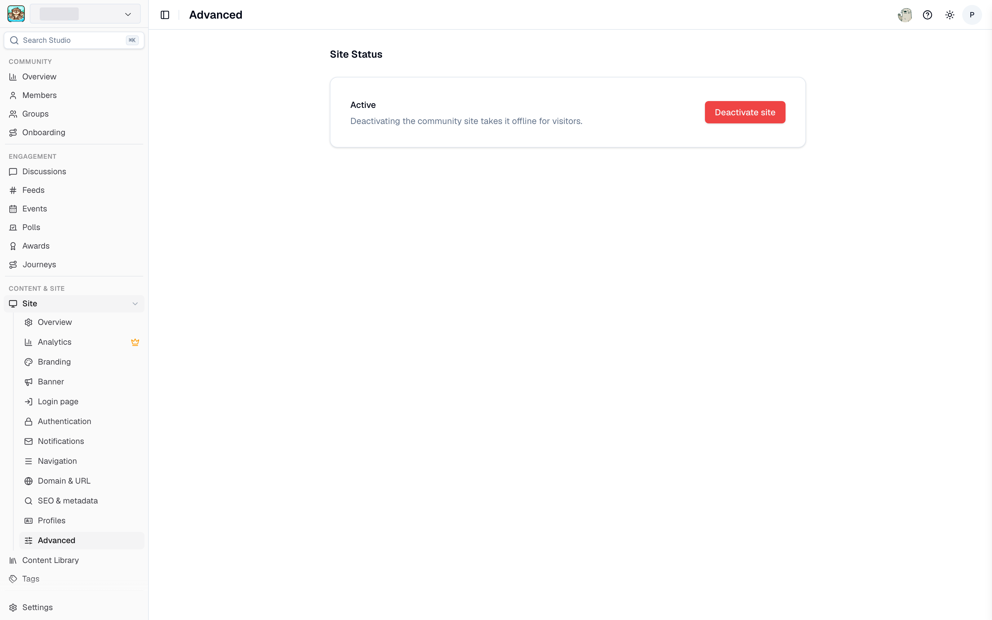 Site status under Site > Advanced