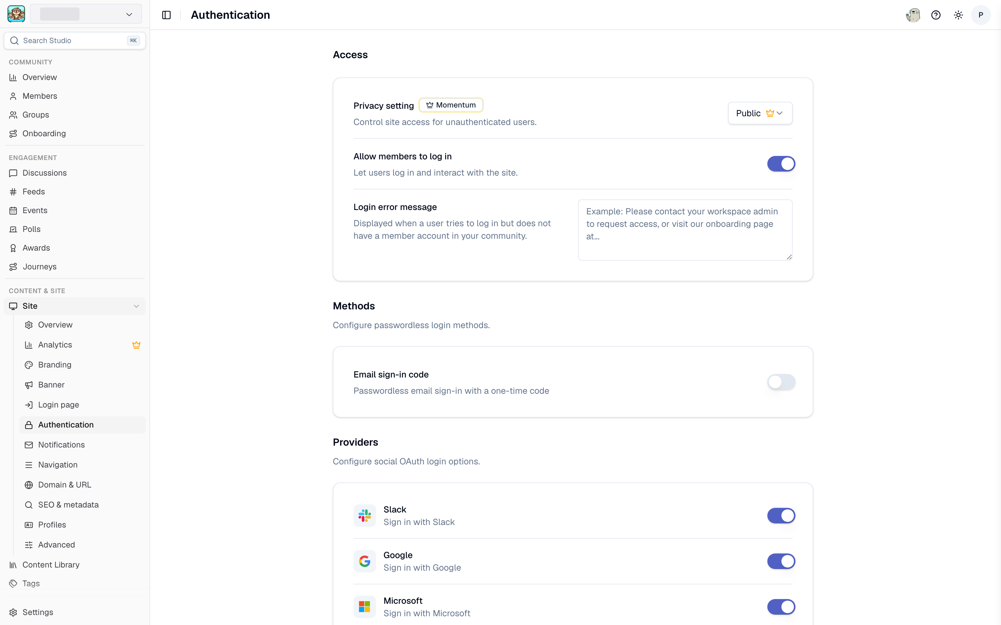 Authentication settings in Studio