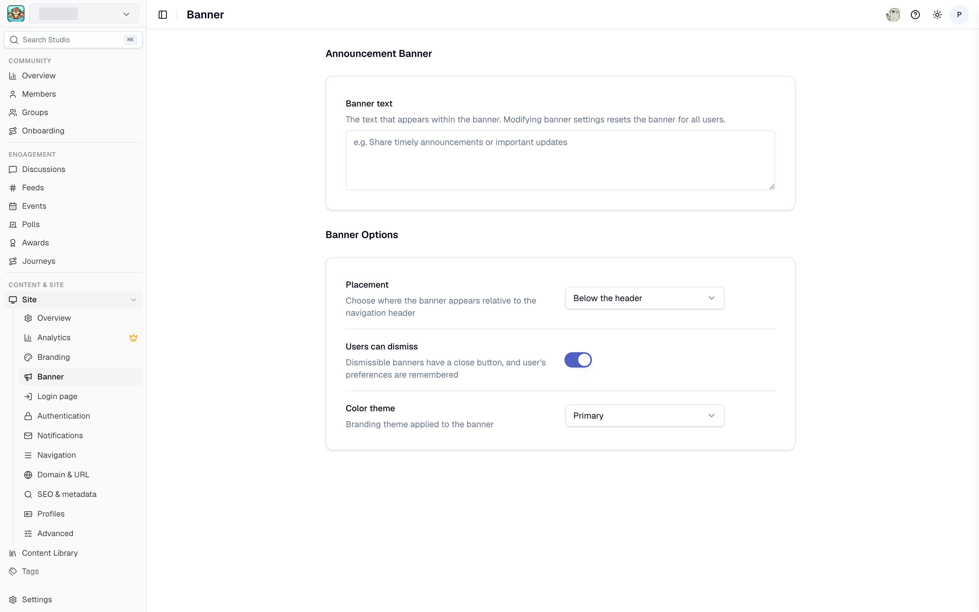 Announcement banner settings in Studio