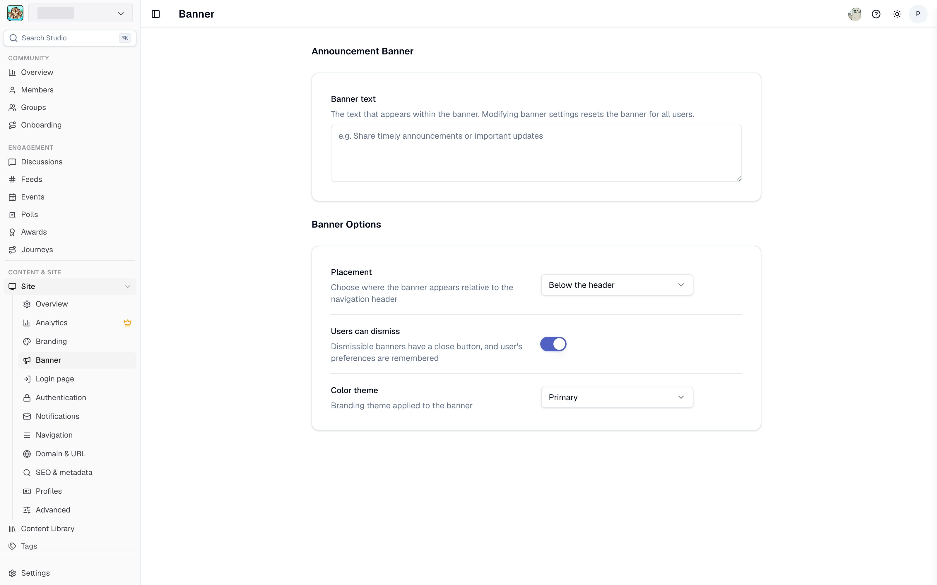 Announcement banner settings in Studio
