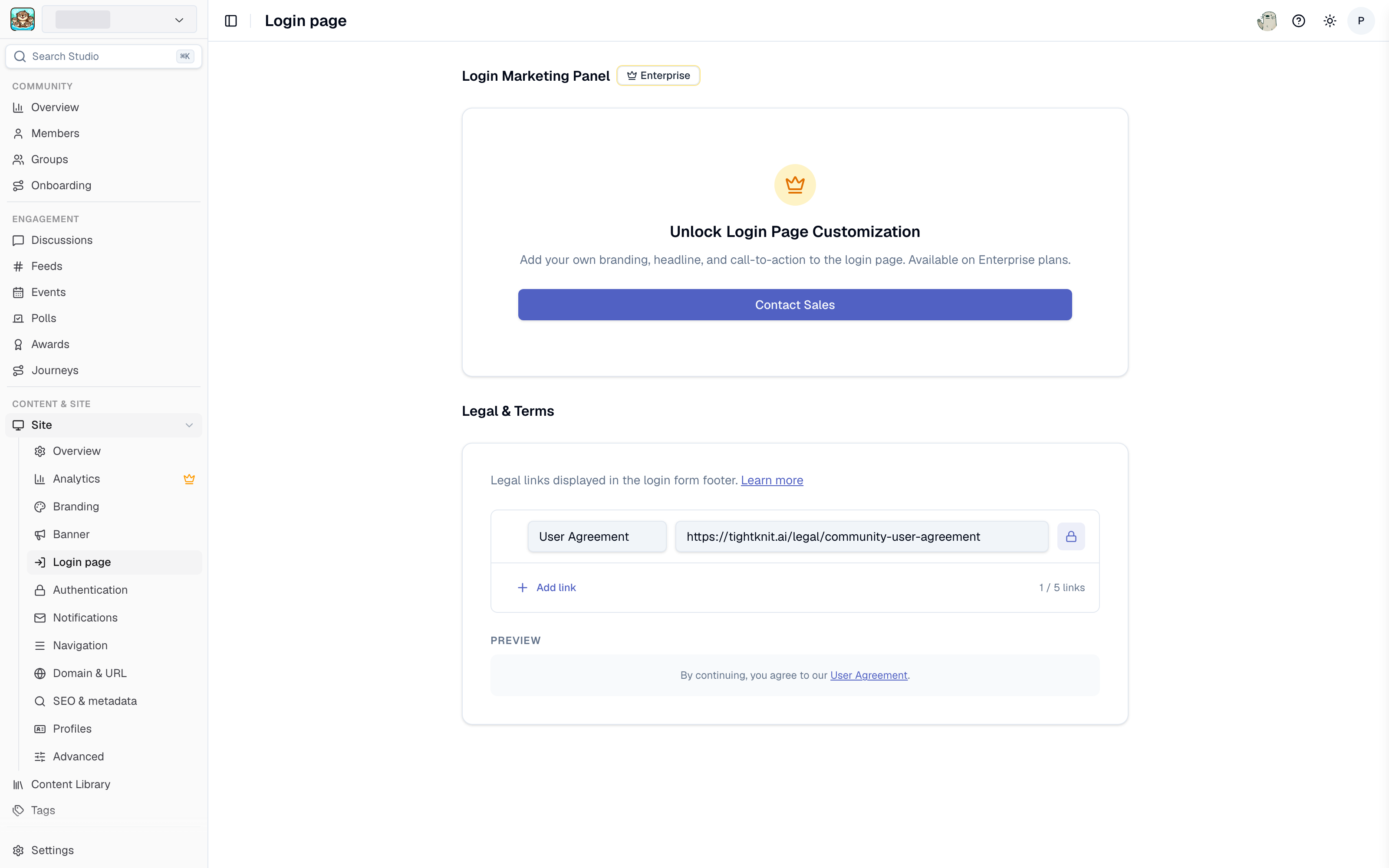 Login page settings in Studio