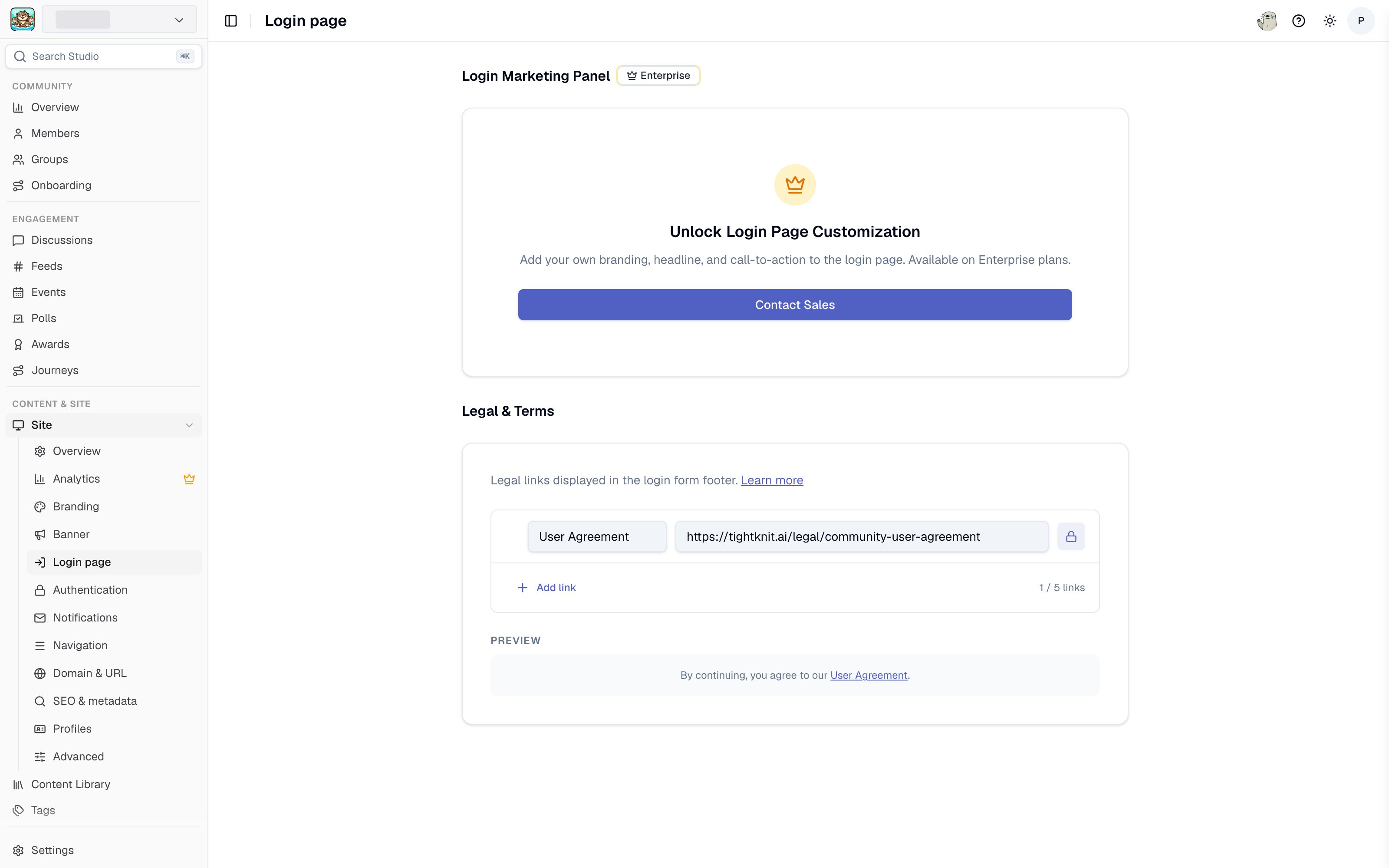 Login page settings in Studio