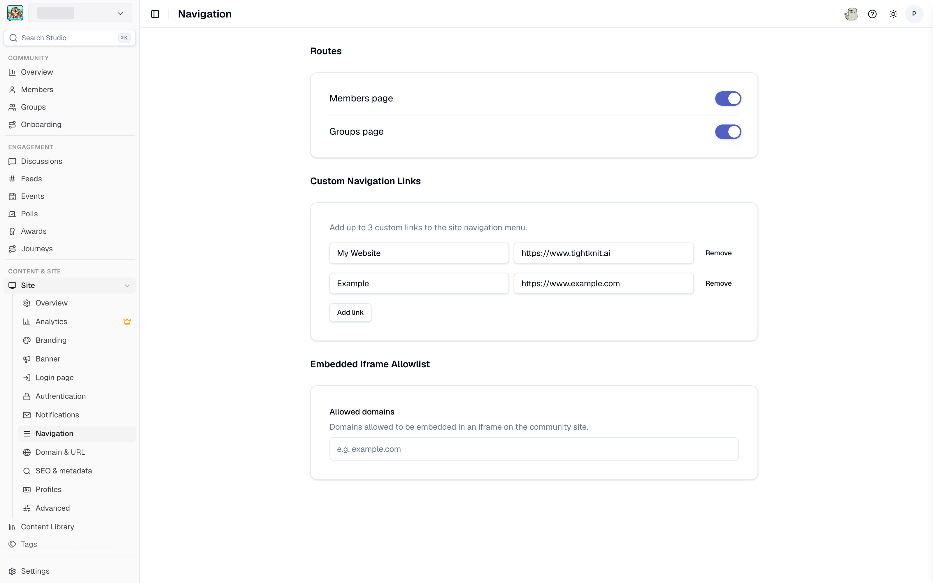 Navigation settings in Studio