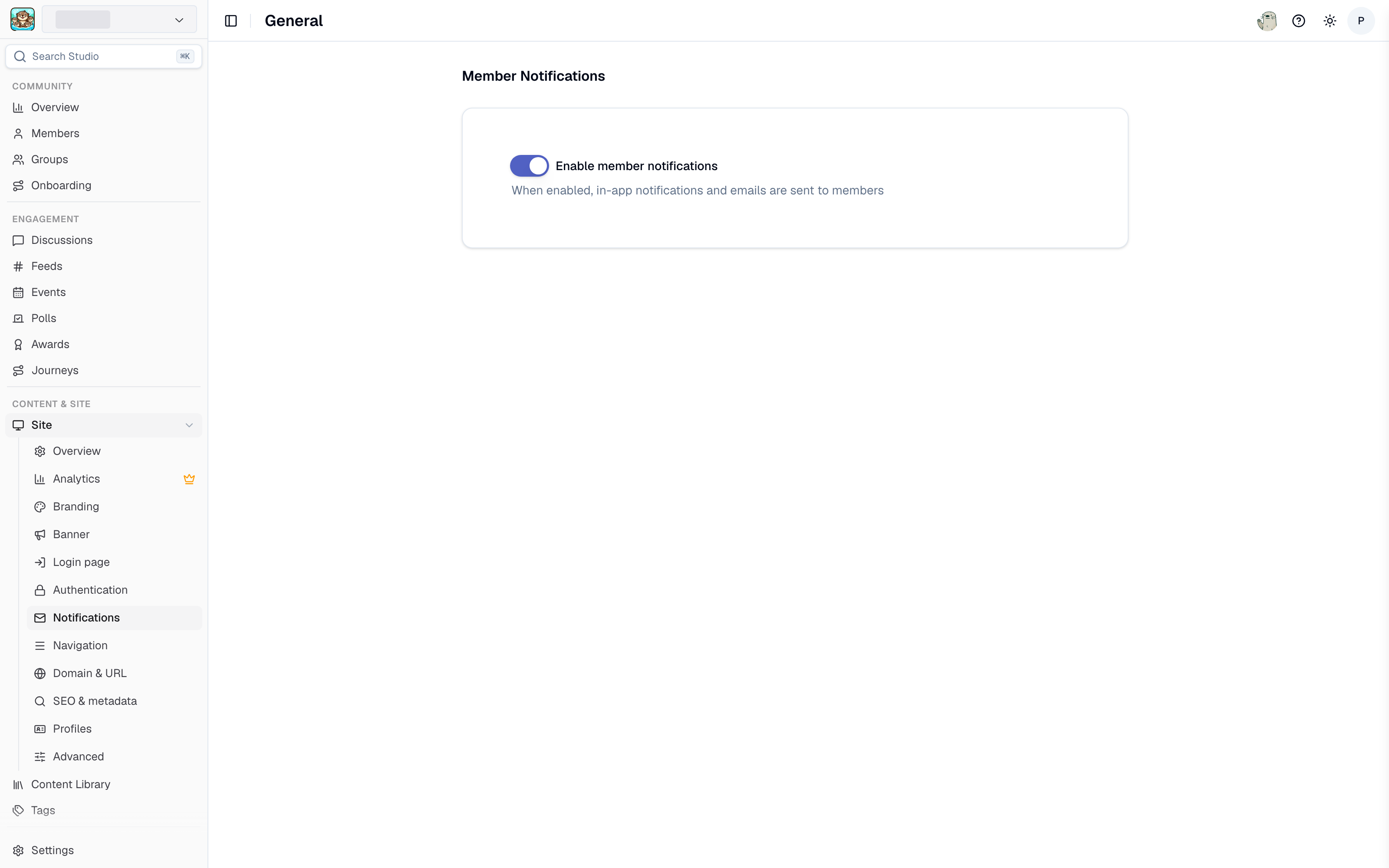 Notification settings in Studio