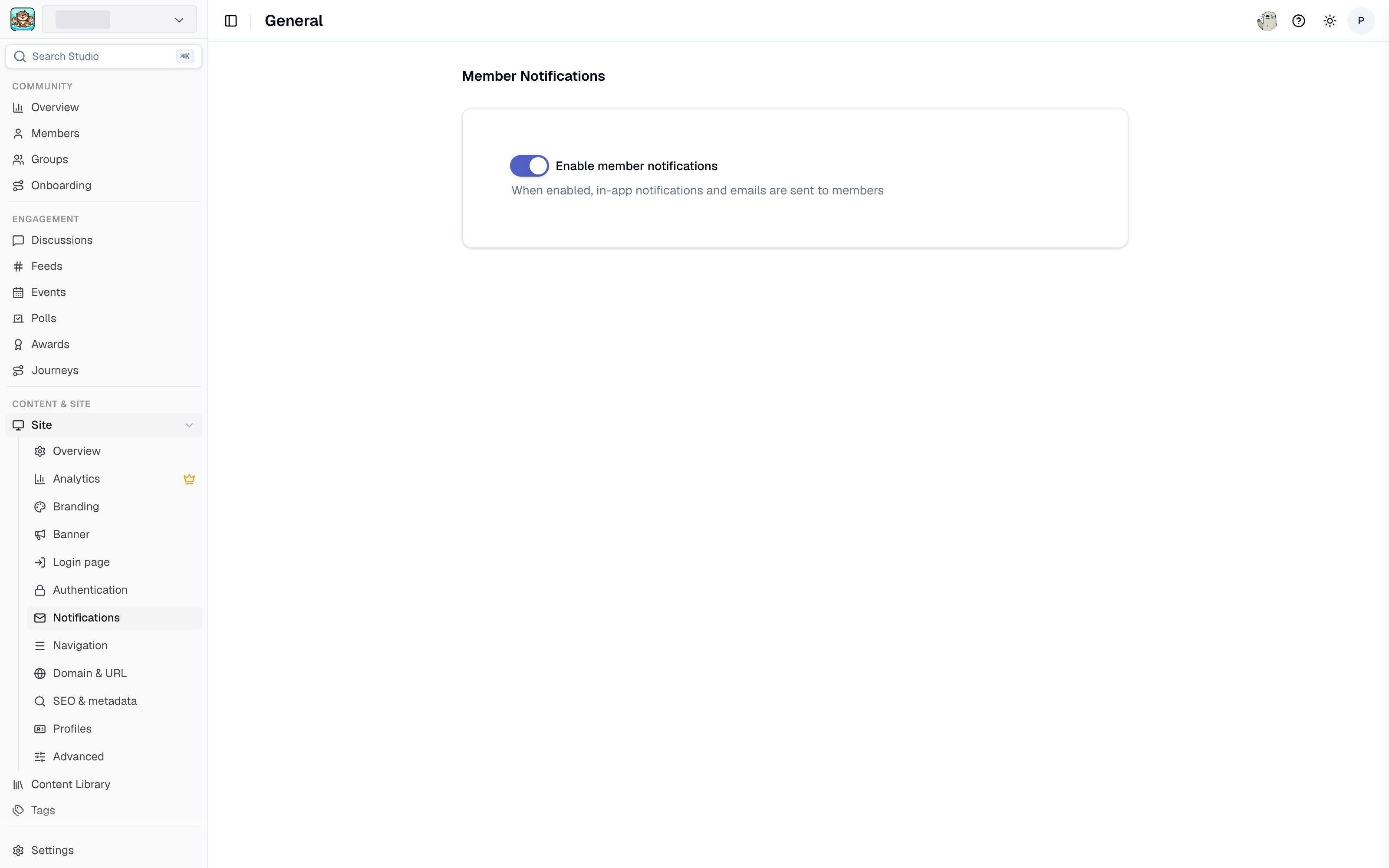 Notification settings in Studio