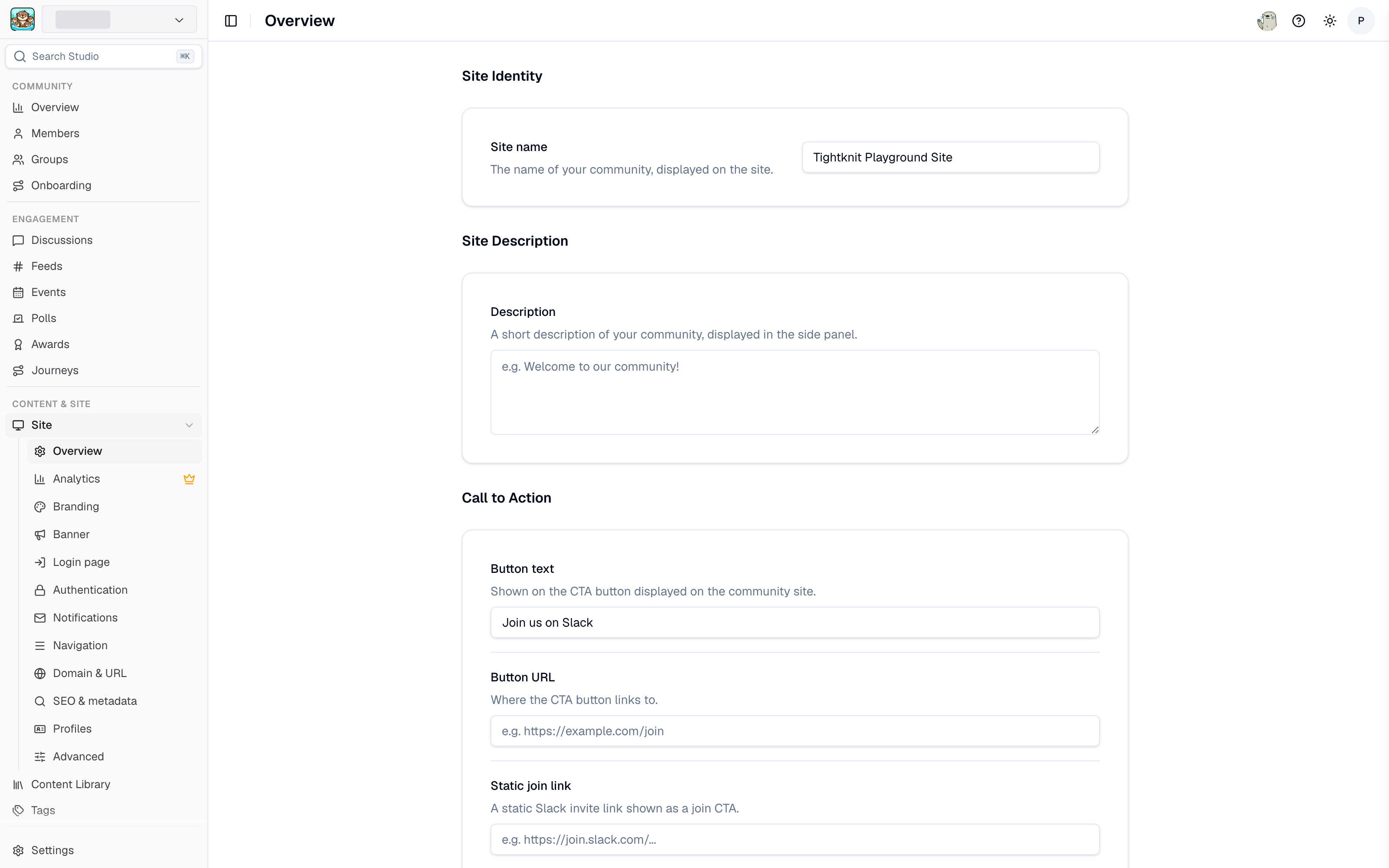 Site > Overview in Studio, which holds the home page settings