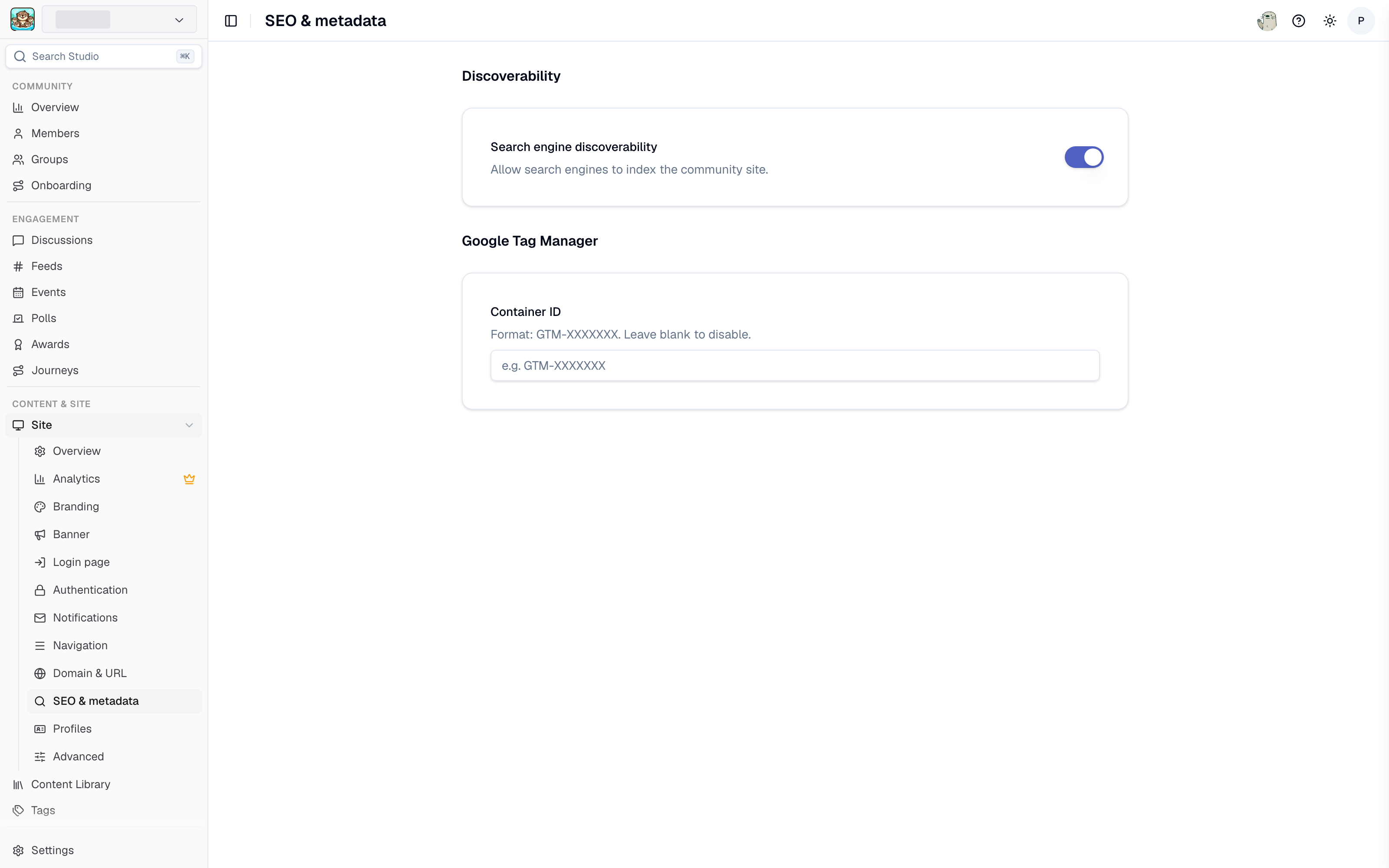 SEO and metadata settings in Studio