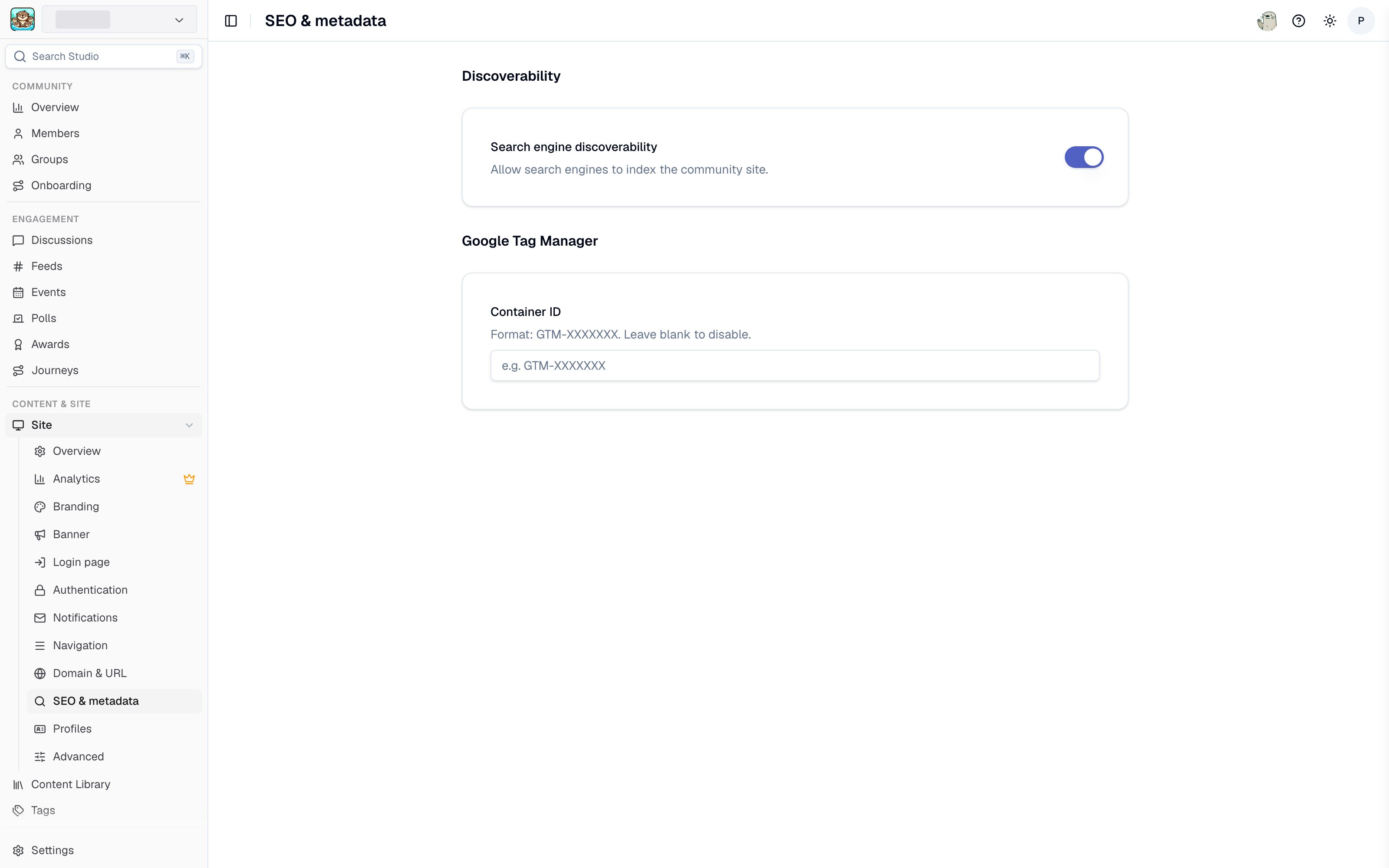 SEO and metadata settings in Studio