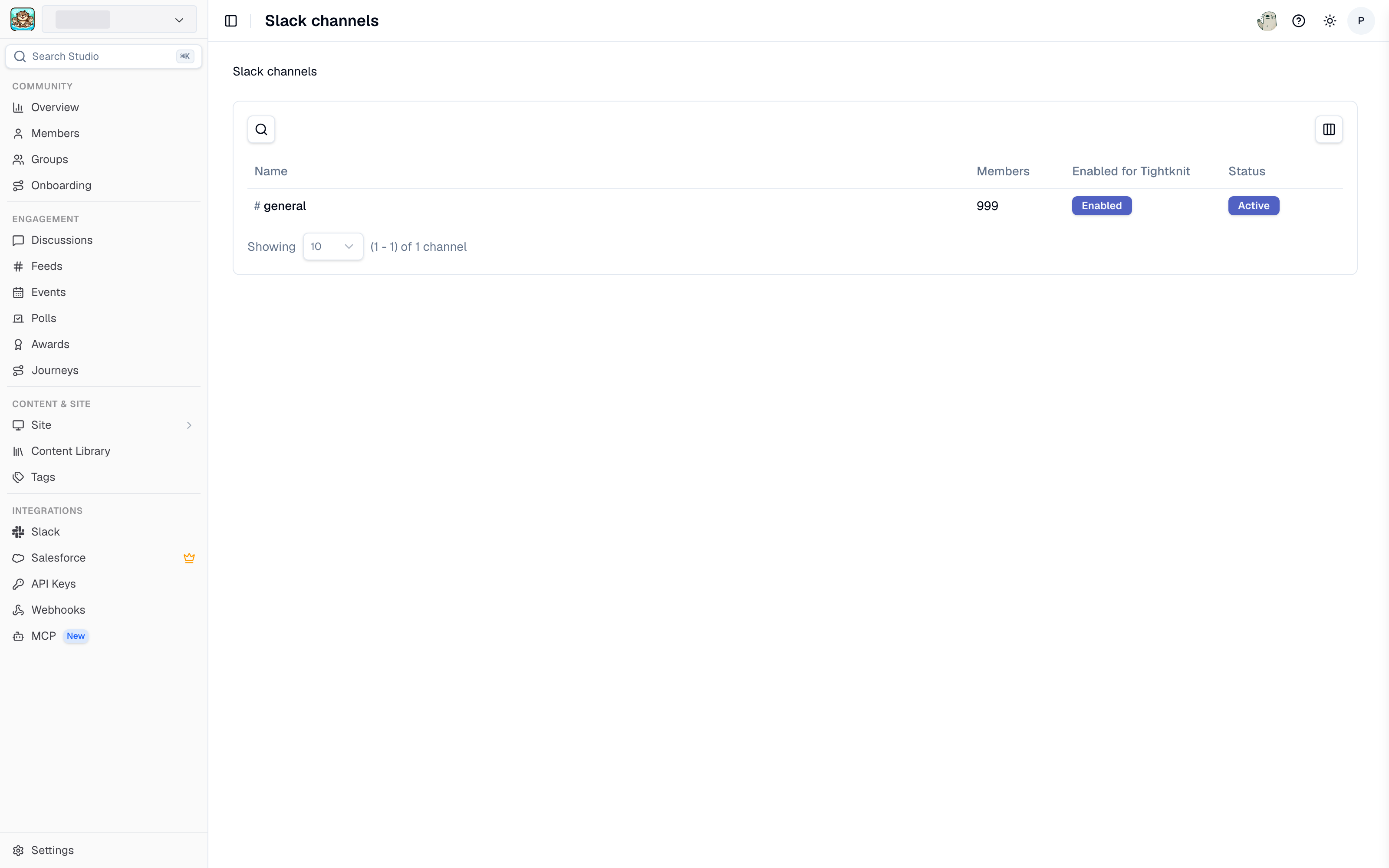 The Slack channels page in Studio