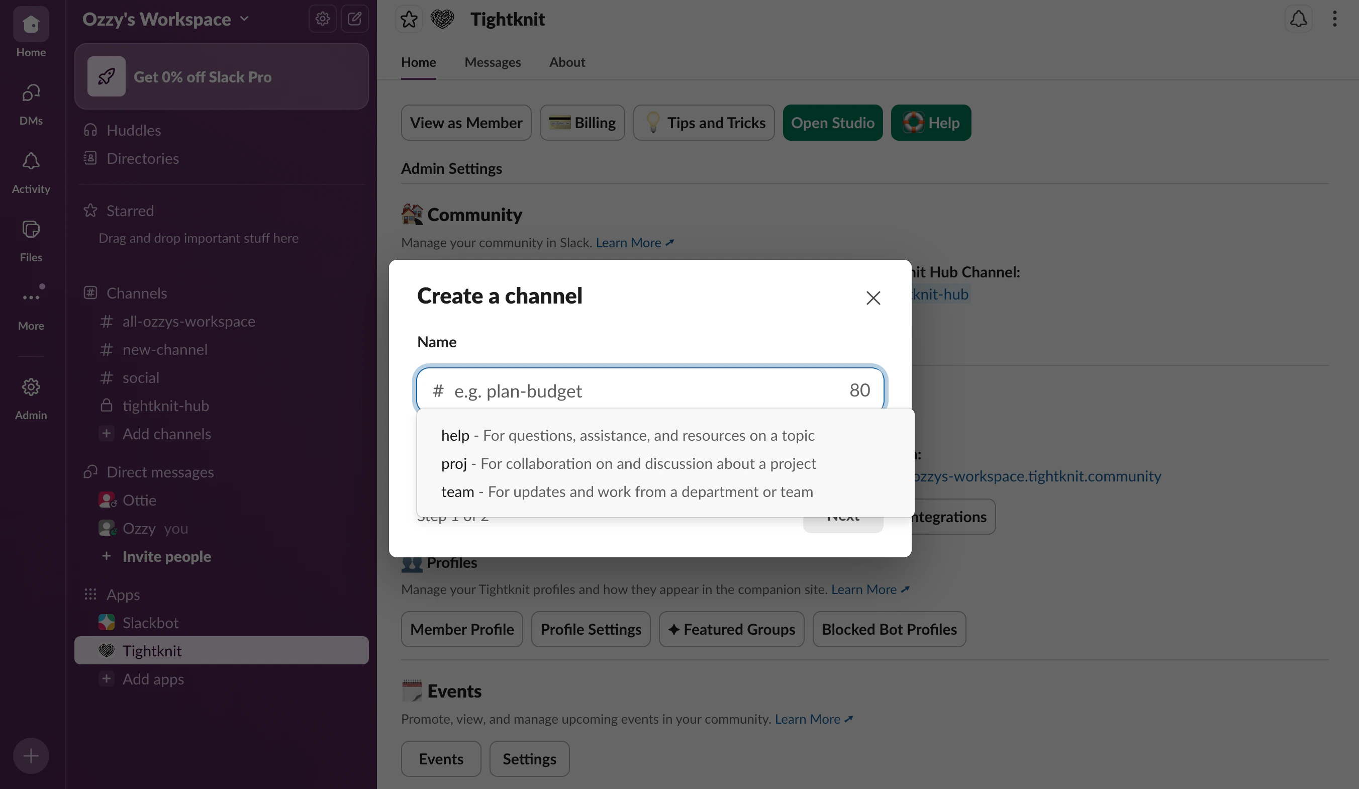 Creating a new Slack channel
