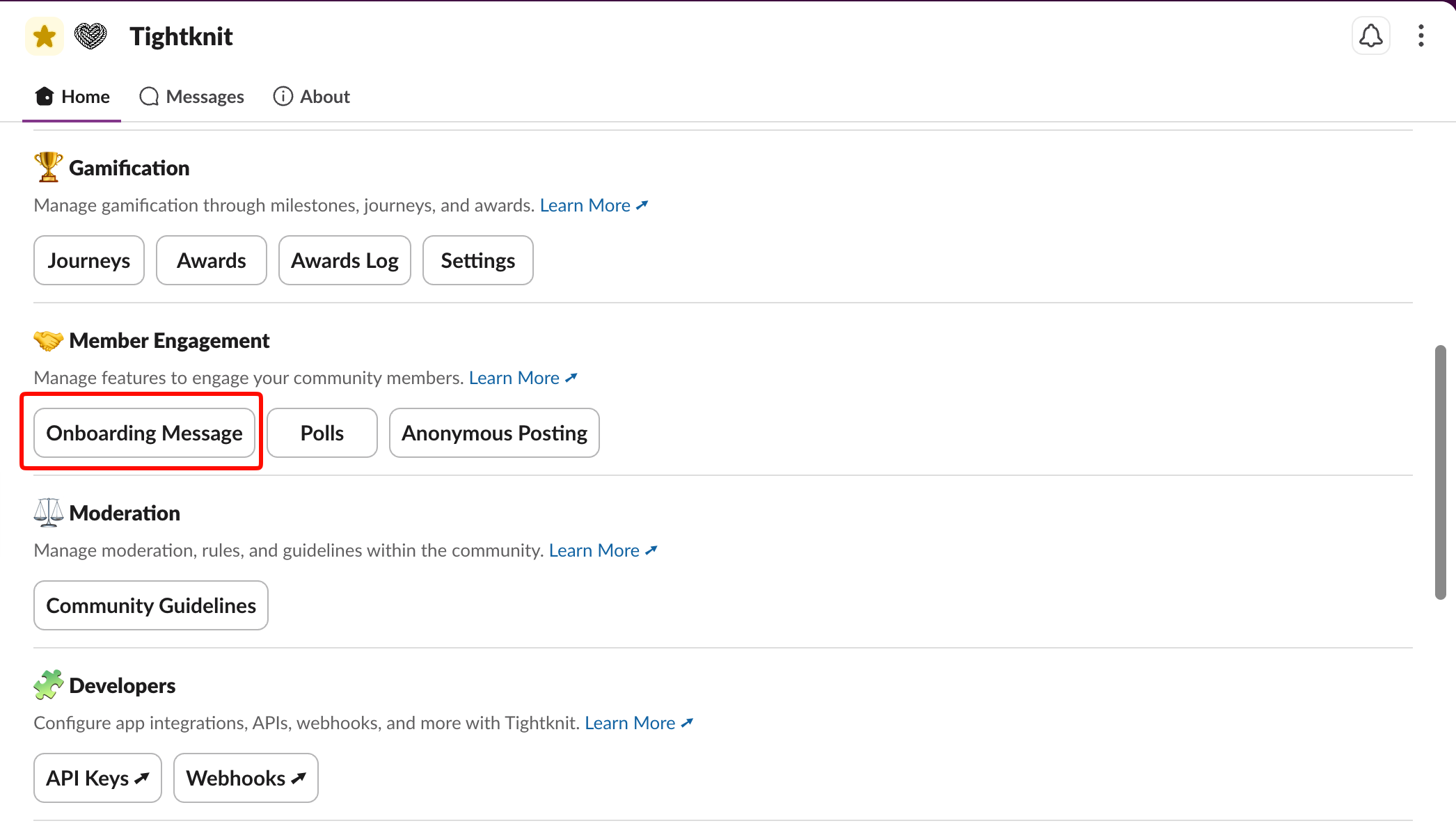 Onboarding Message button in the Member Engagement module of the Tightknit App Home