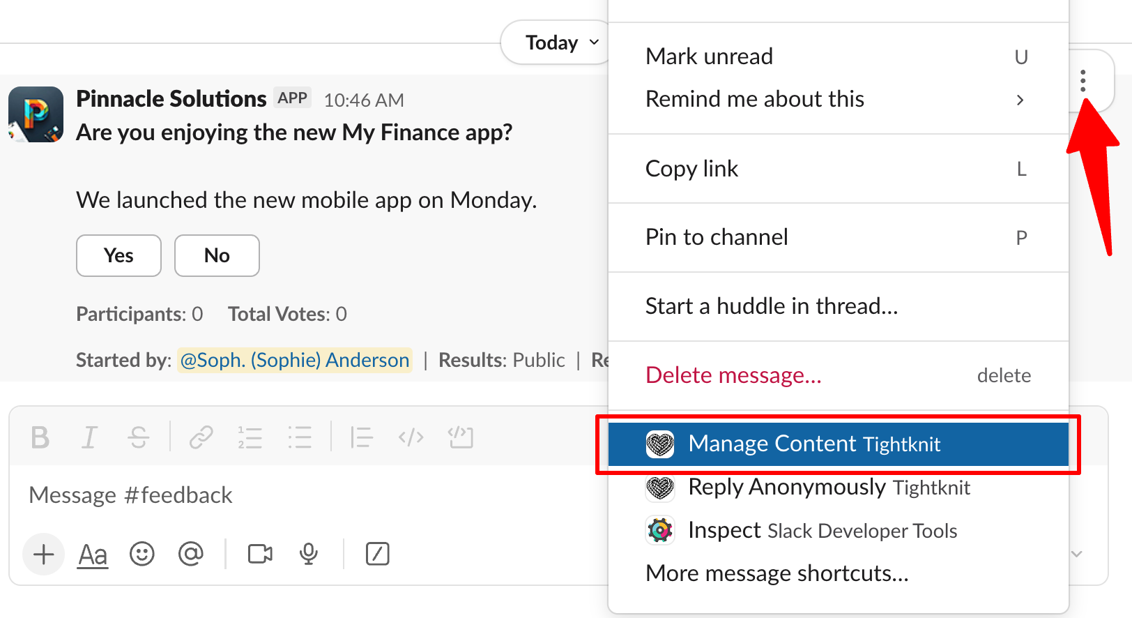 Manage Content message shortcut