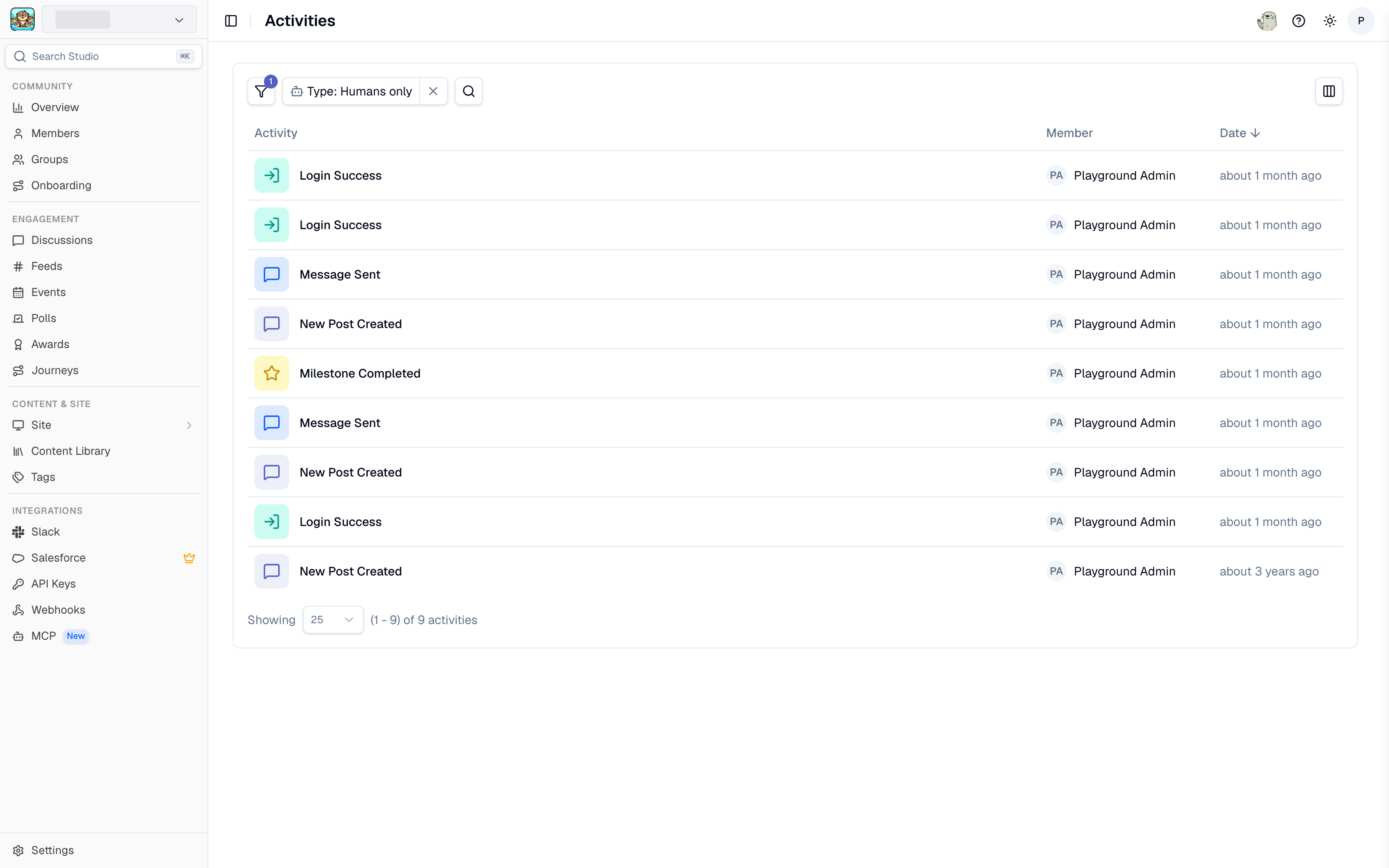 The Activity page in Studio
