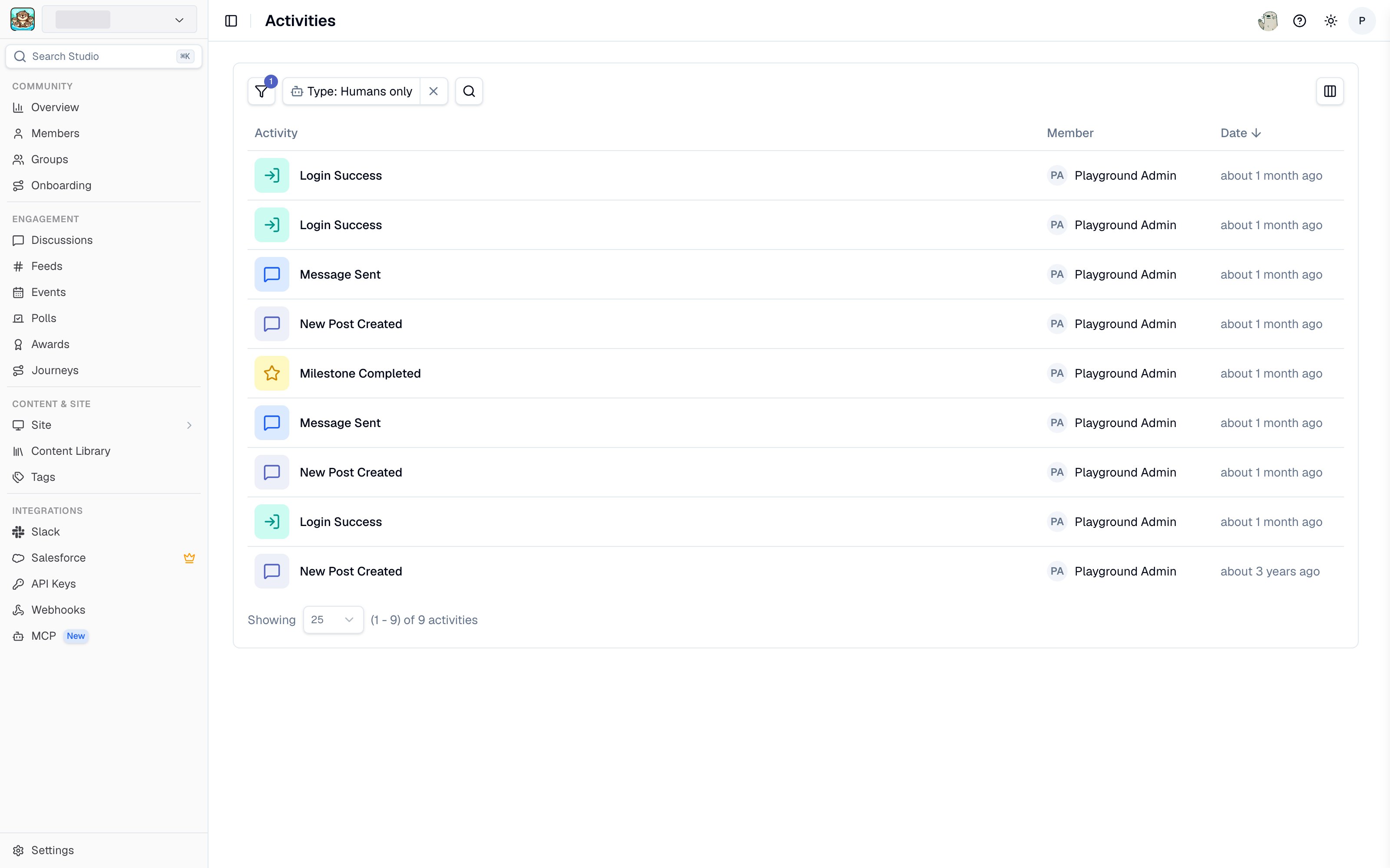 The Activity page in Studio