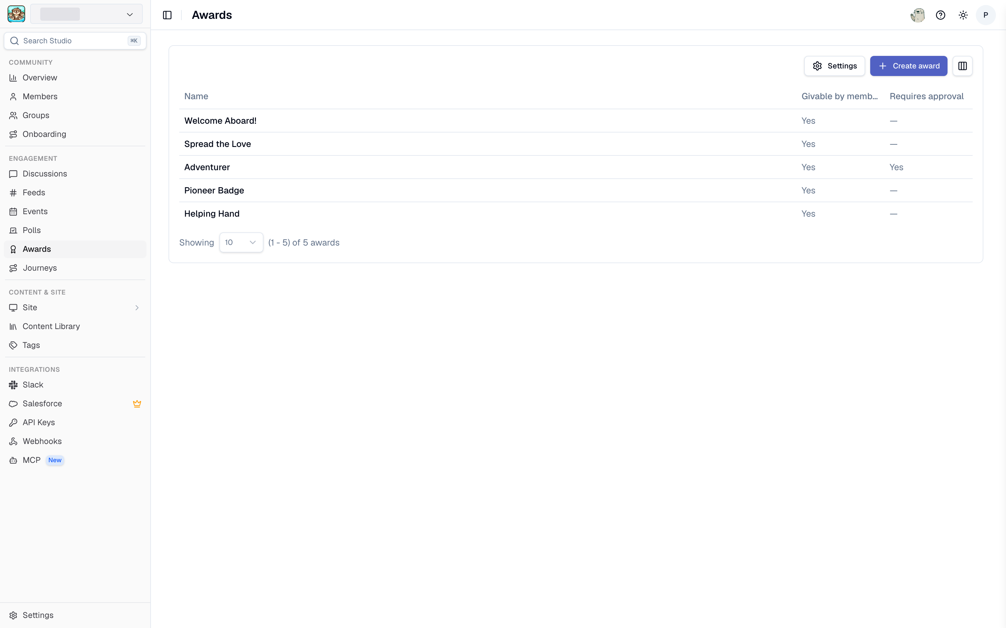 The Awards page in Studio