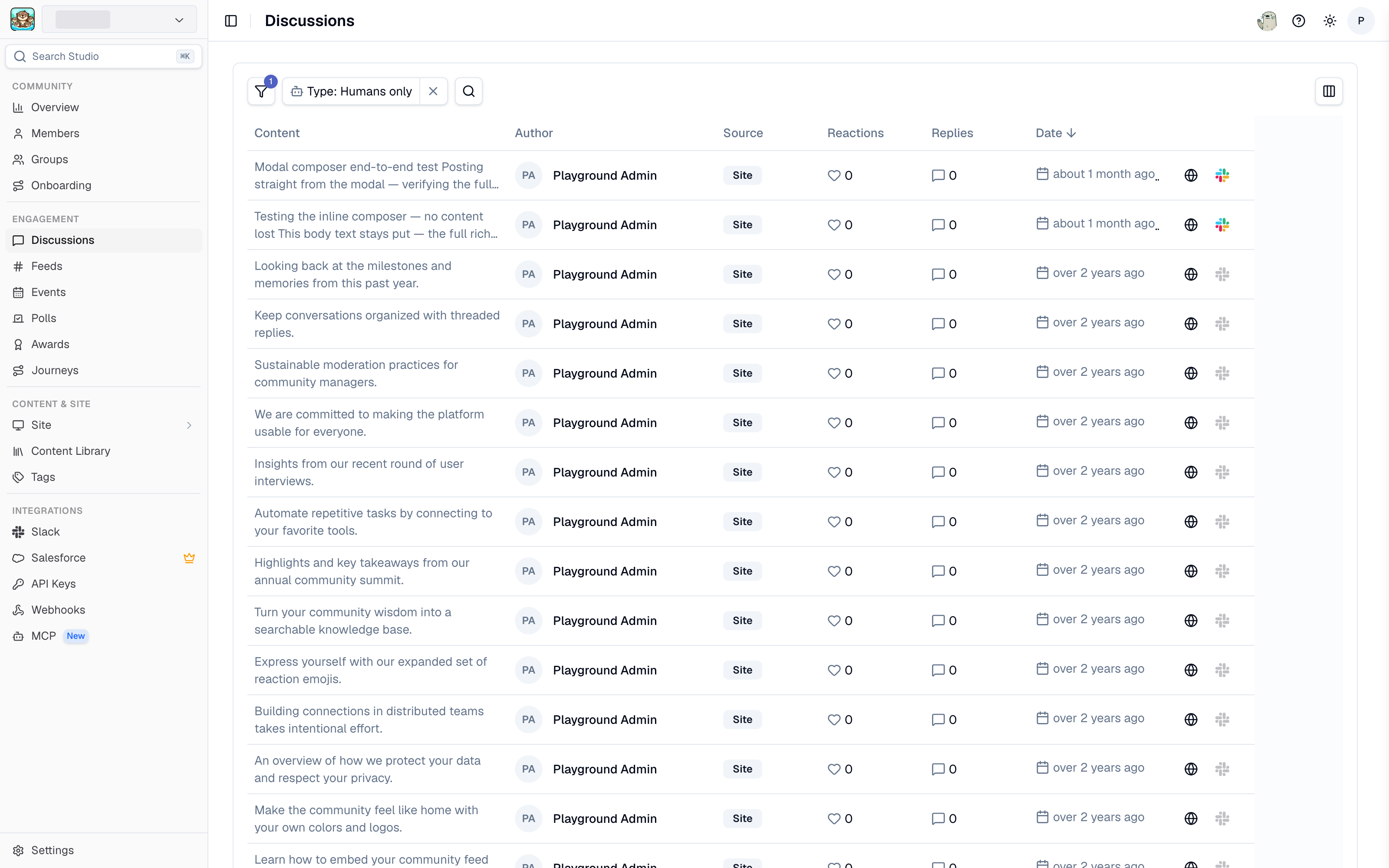 The Discussions list in Studio