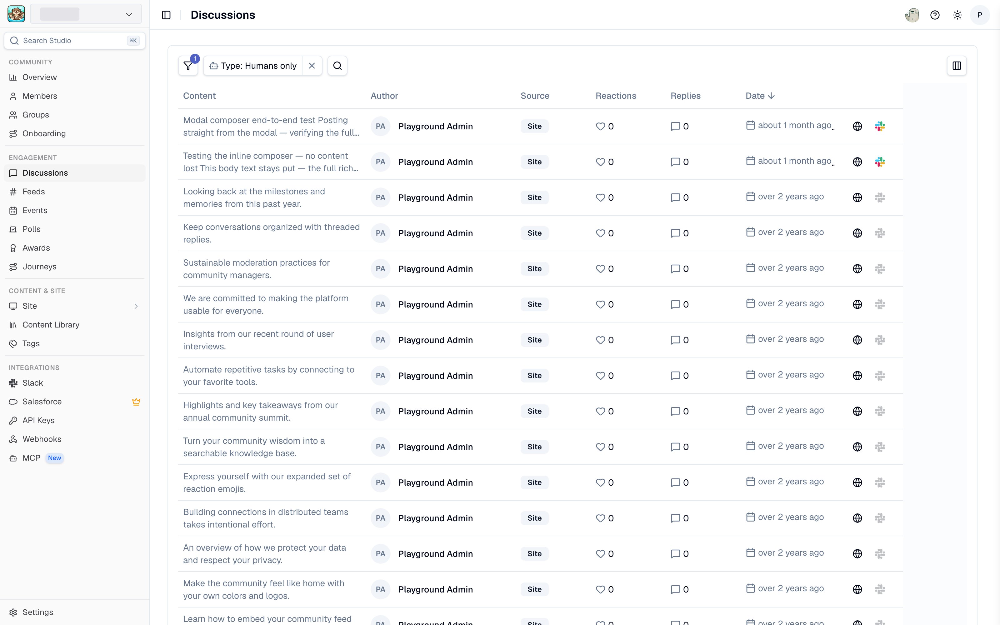 The Discussions list in Studio