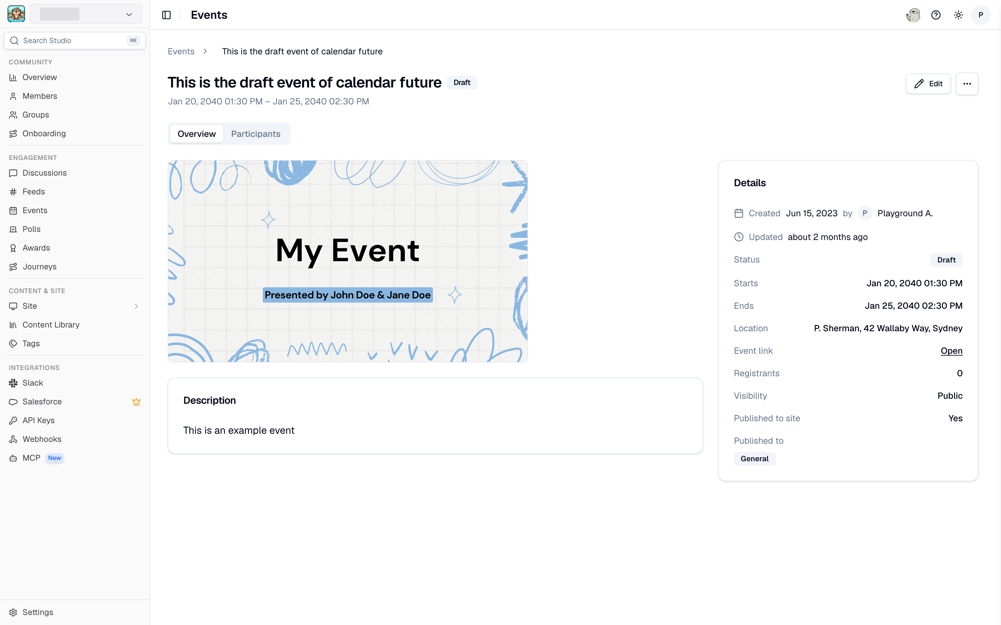 An event detail page in Studio
