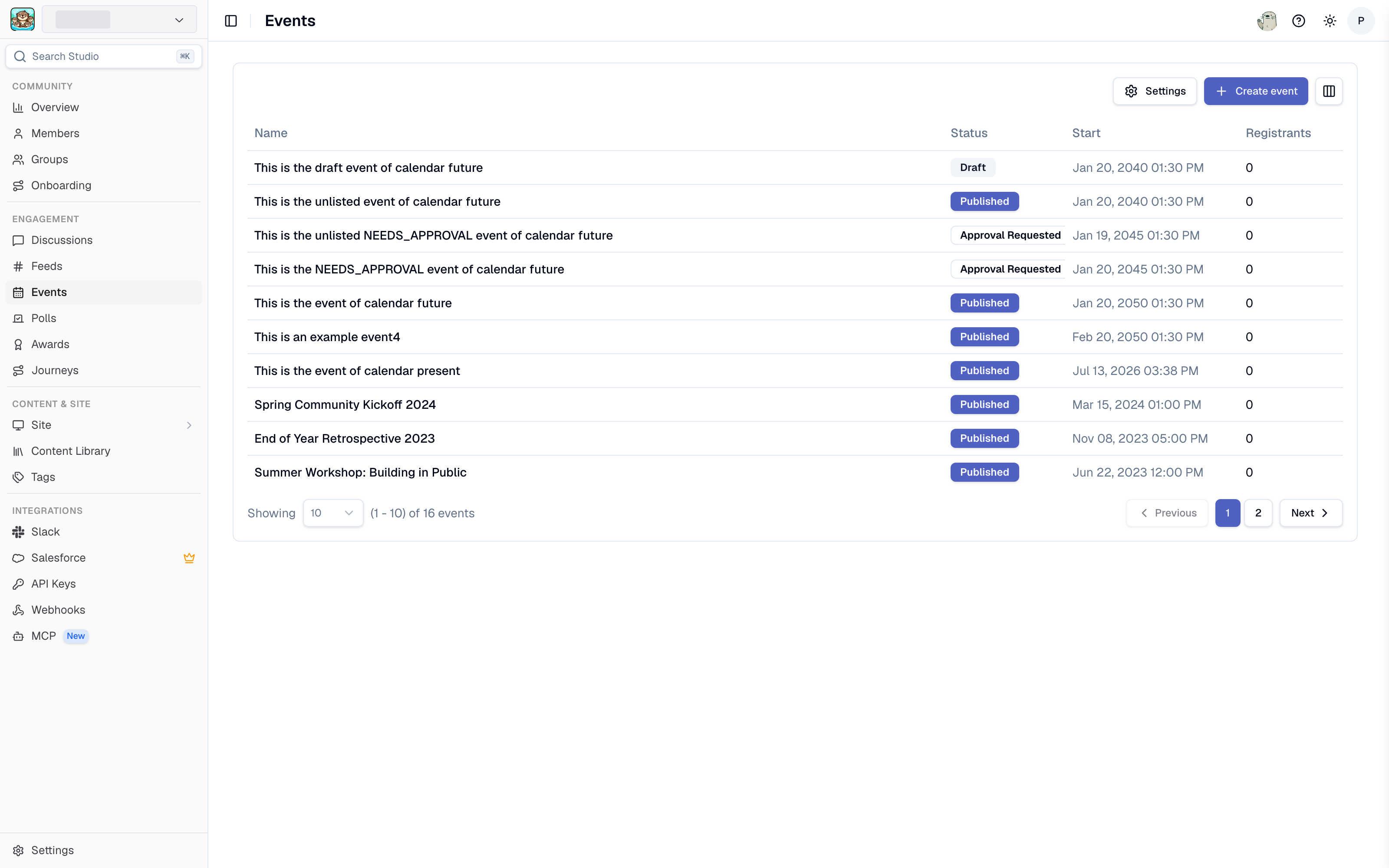 The Events page in Studio