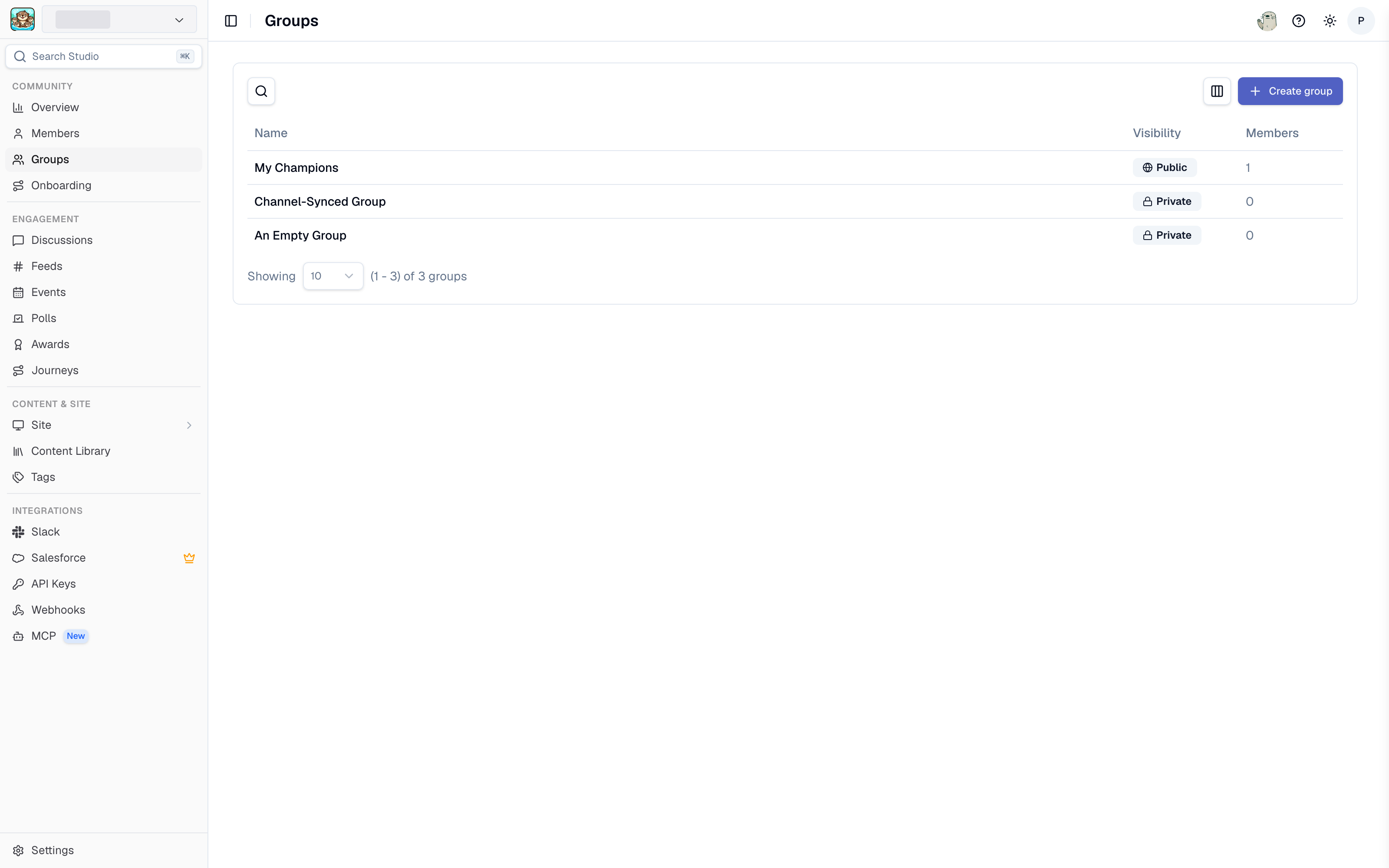 The Groups page in Studio