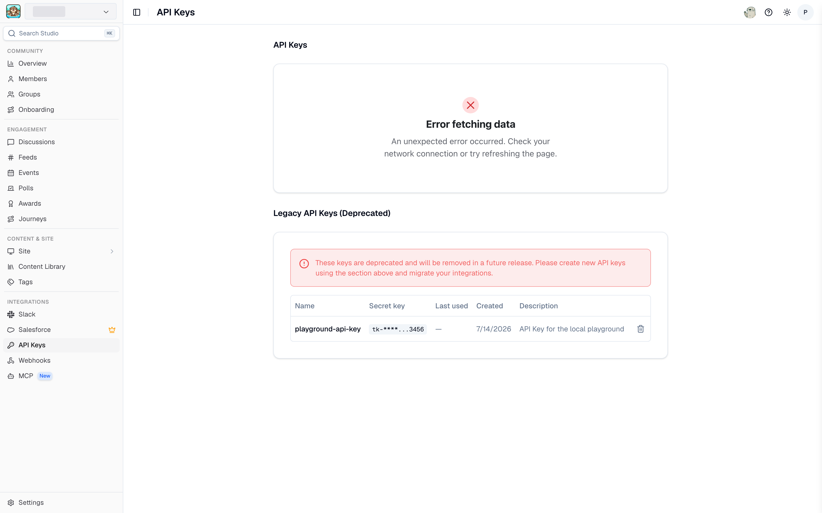 The API Keys page in Studio