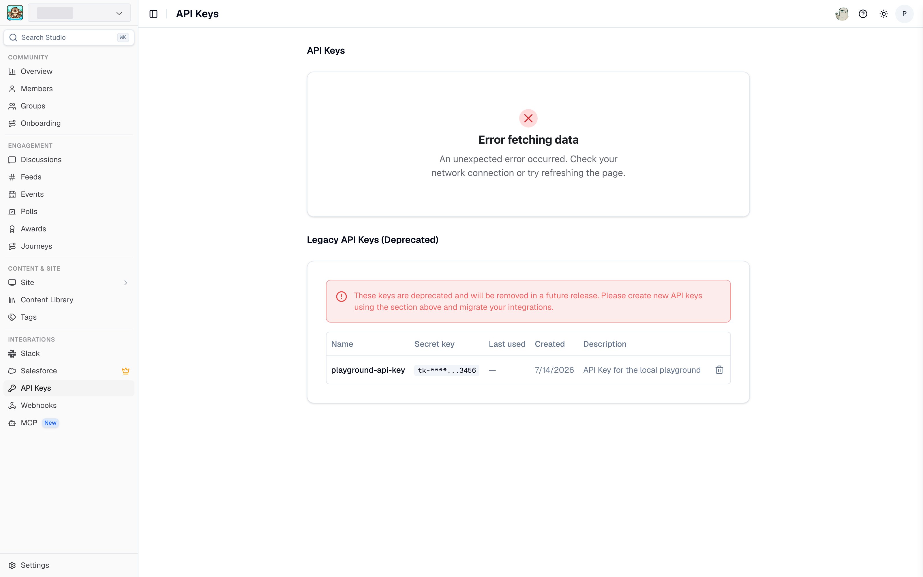 The API Keys page in Studio