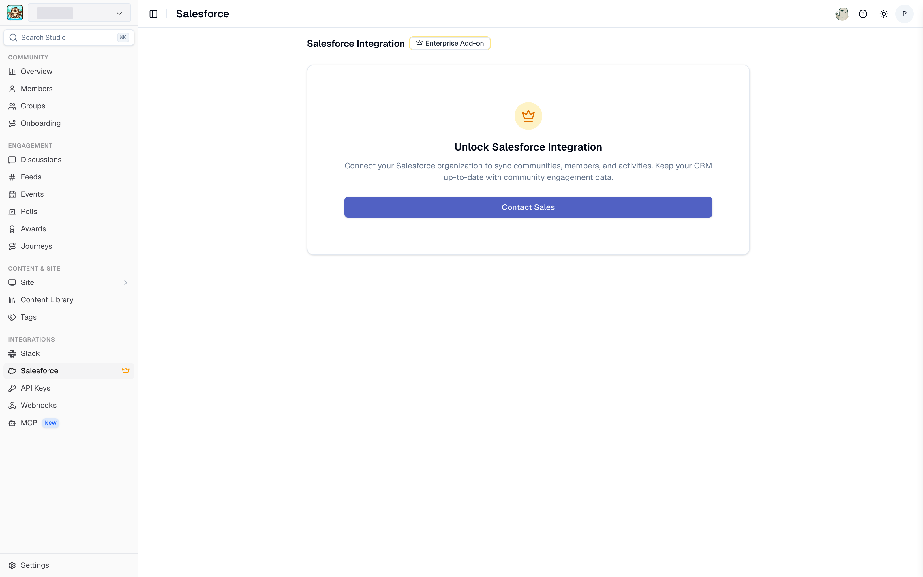 The Salesforce integration page in Studio