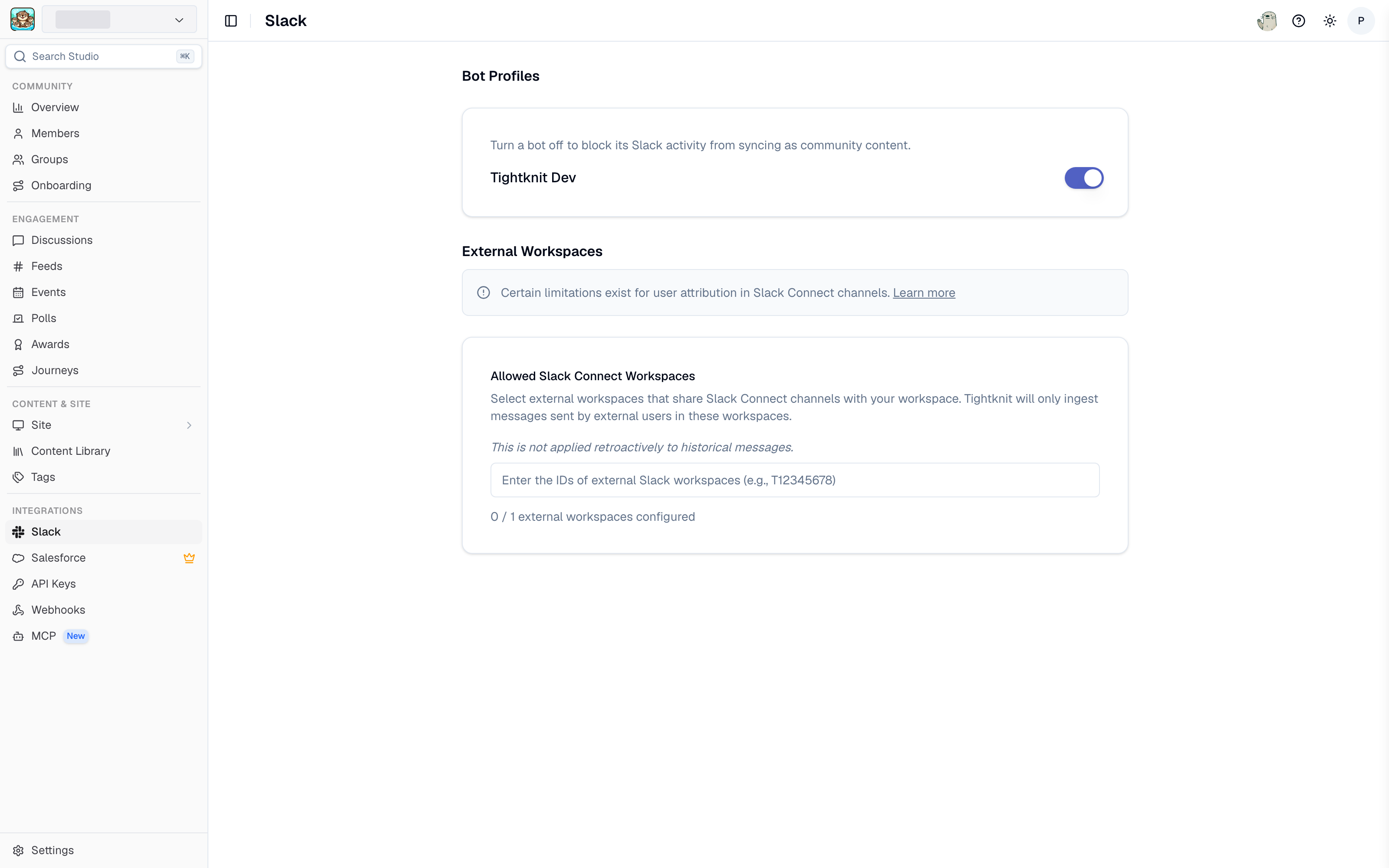 Slack integration settings in Studio