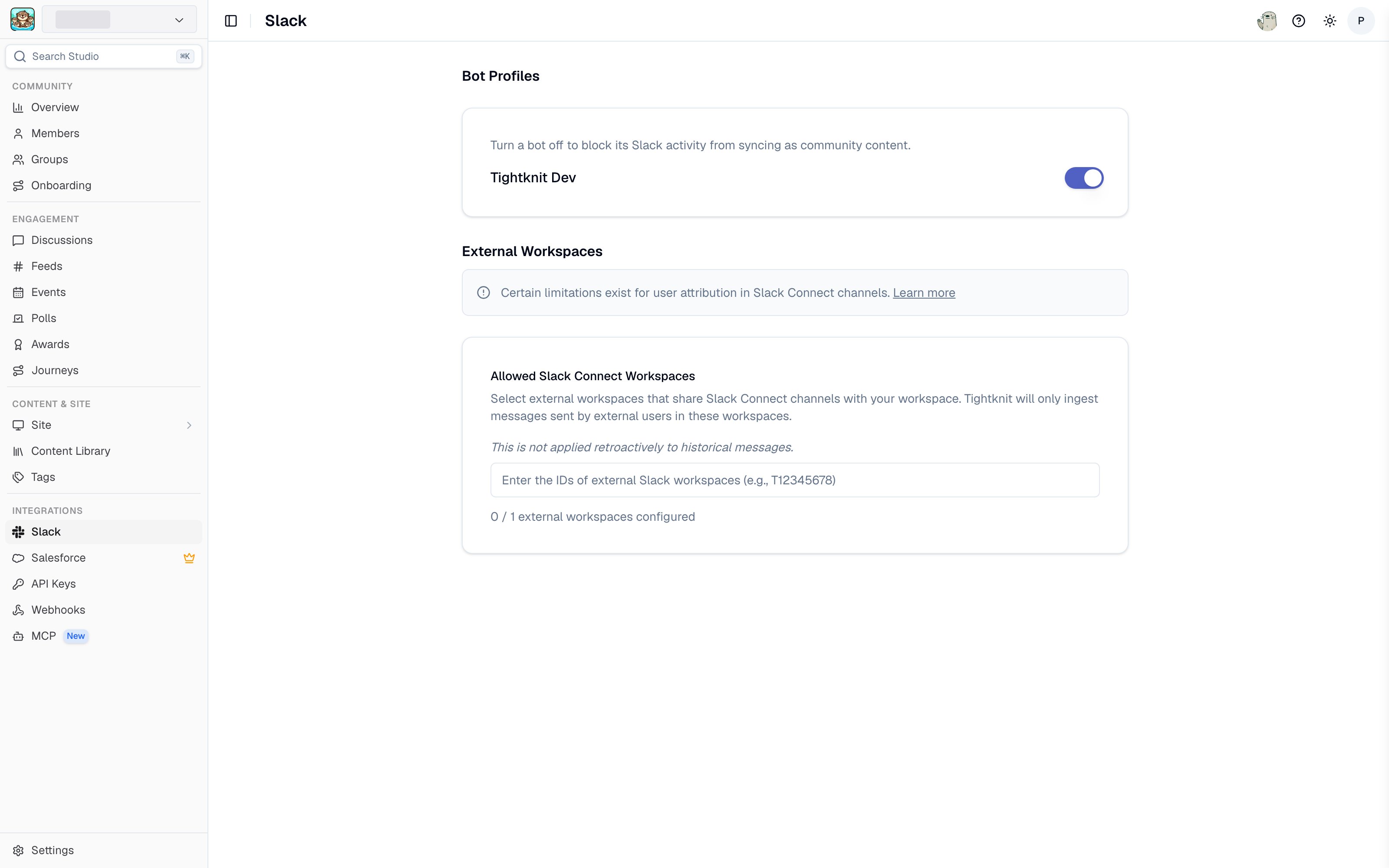 Slack integration settings in Studio