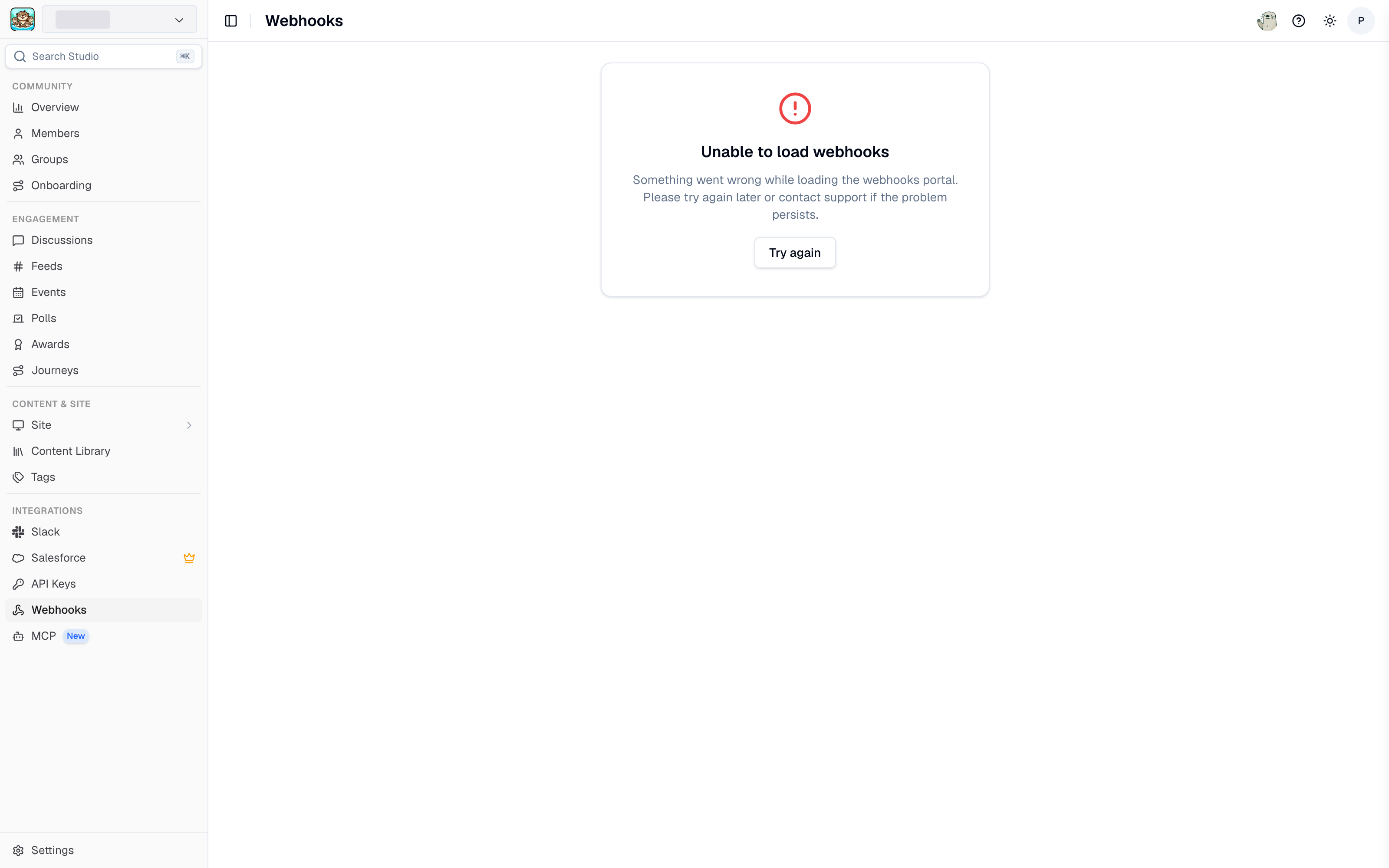 The Webhooks page in Studio