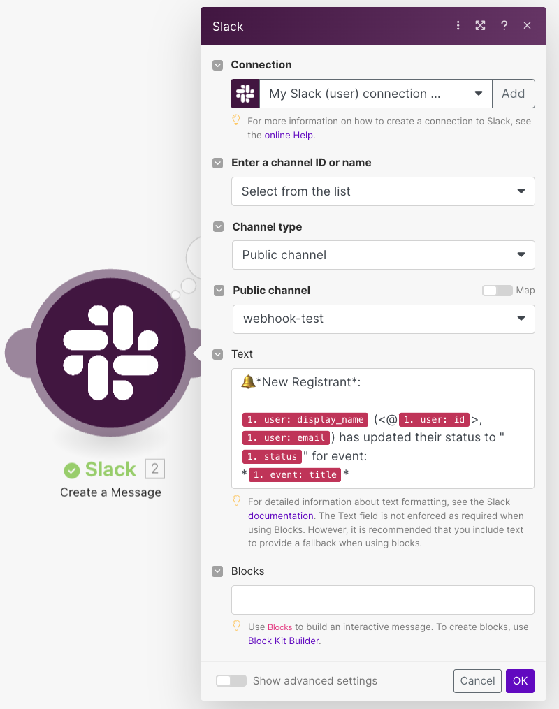 Slack notification message