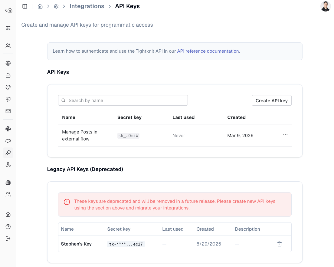 API Keys settings page