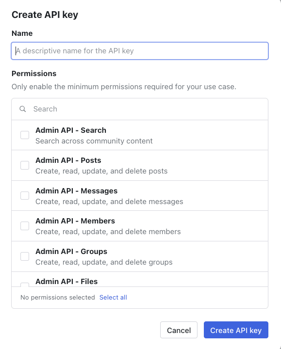 Create API key dialog
