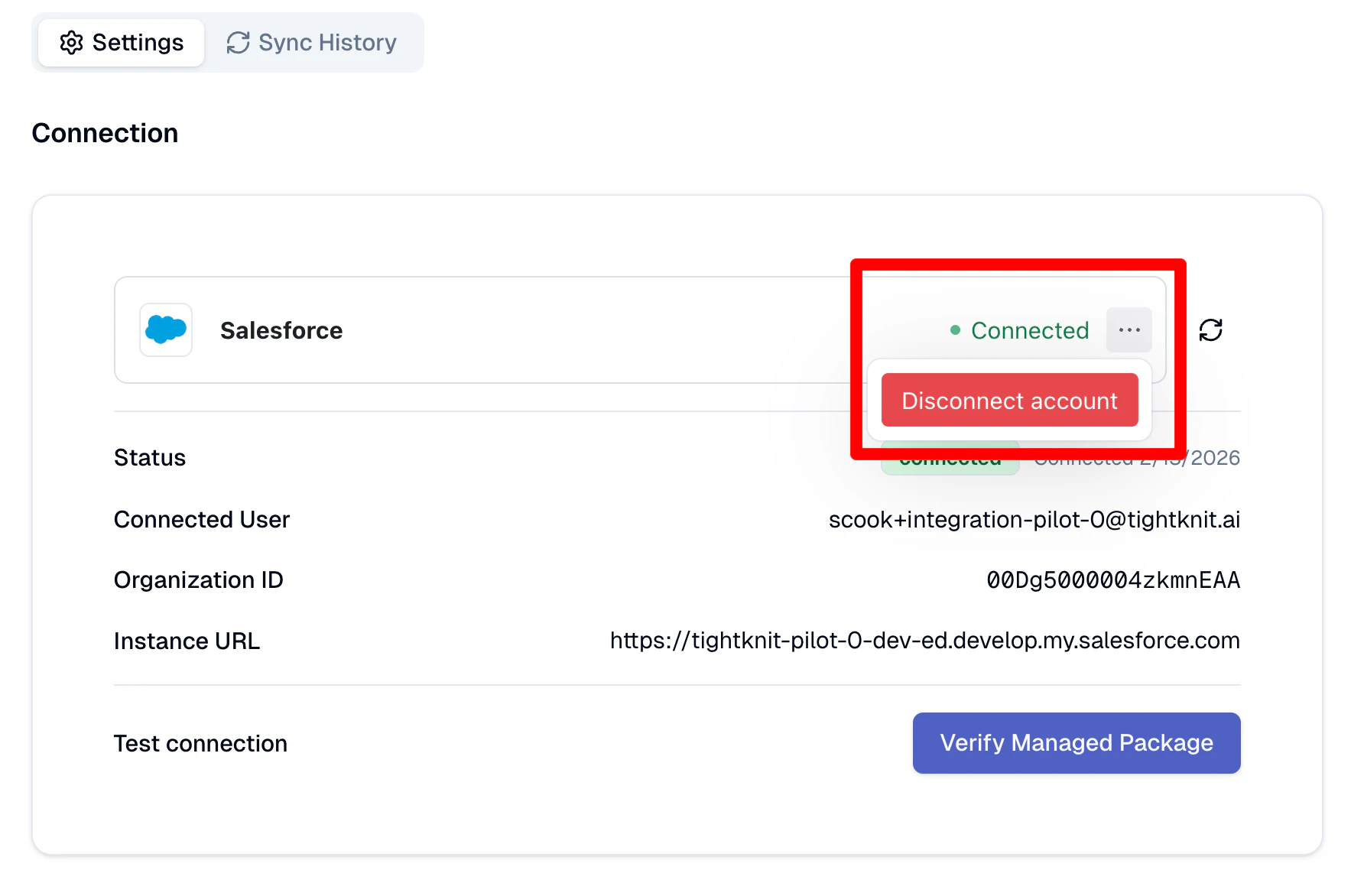 Connection widget with Disconnect account option highlighted in the overflow menu