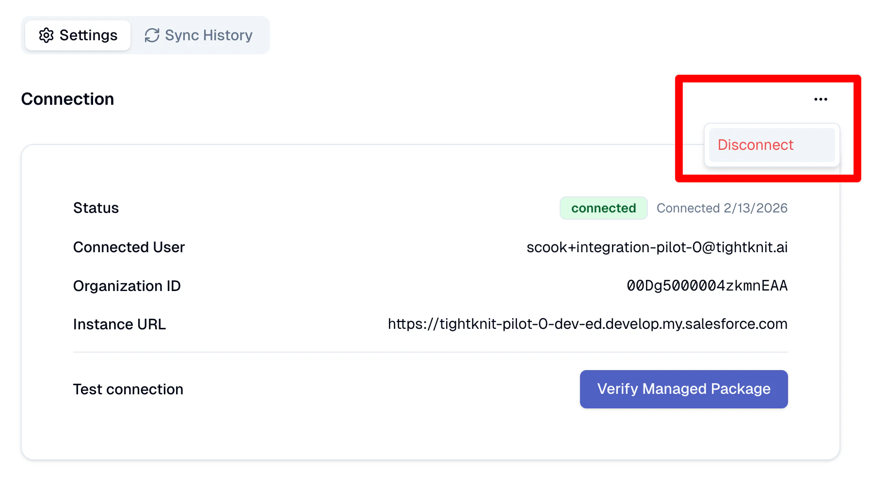 Salesforce connection settings with the Disconnect option highlighted in the overflow menu