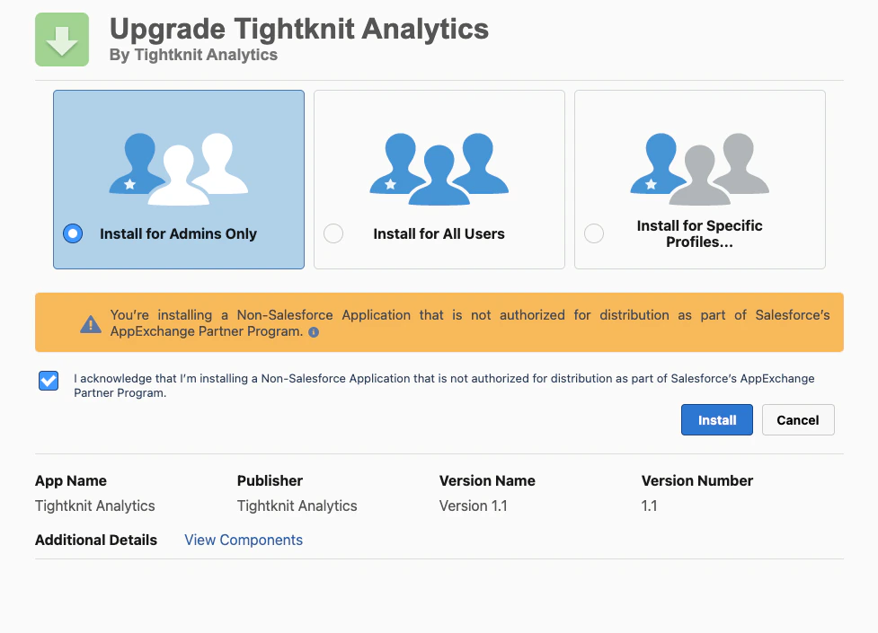 Salesforce managed package install screen with Install for Admins Only selected