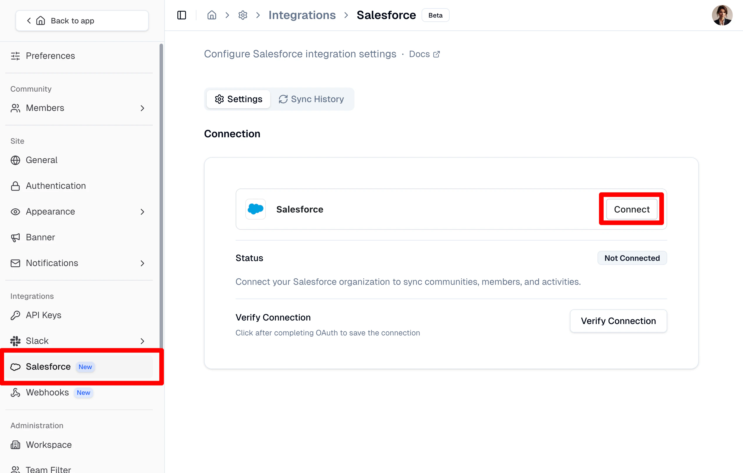 Salesforce integration settings page in the Studio with Salesforce highlighted in the sidebar and the Connect button highlighted