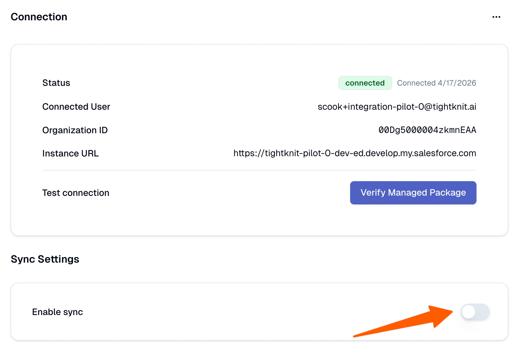 Sync Settings section with the Start Sync button highlighted