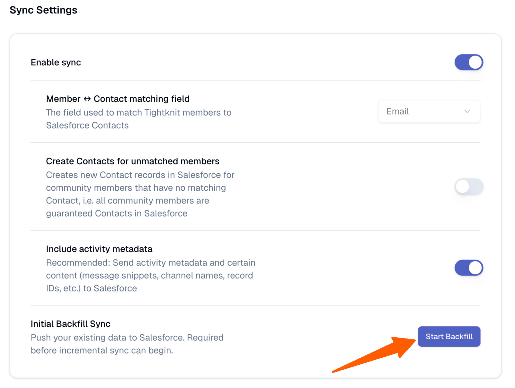 Sync Settings panel with the Start Backfill button highlighted under Initial Backfill Sync