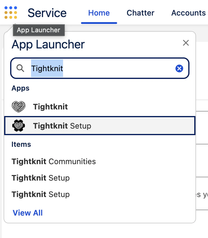 Salesforce App Launcher with Tightknit typed into the search field and Tightknit Setup highlighted in the Apps list