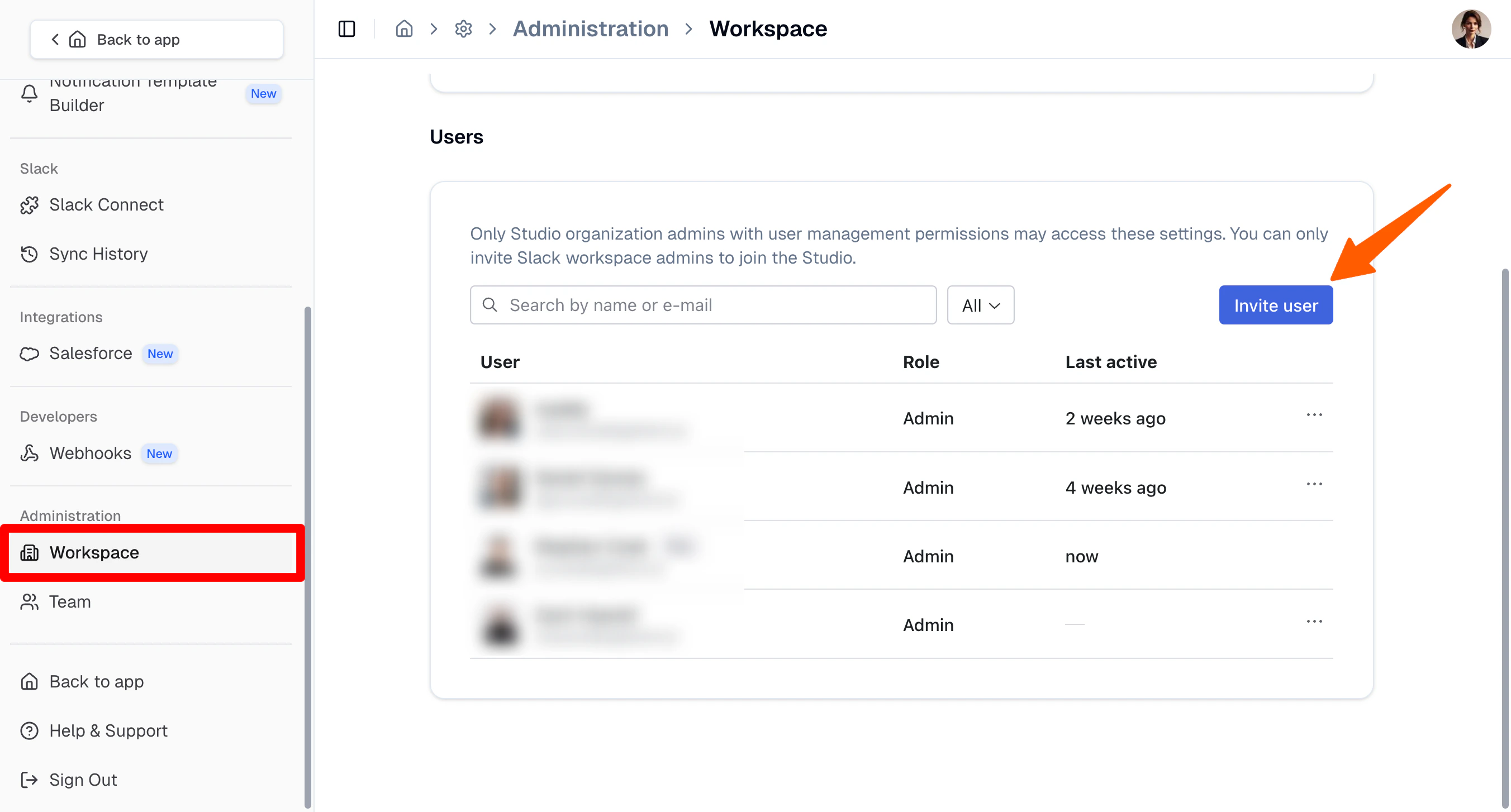 Workspace Users settings for managing Studio access