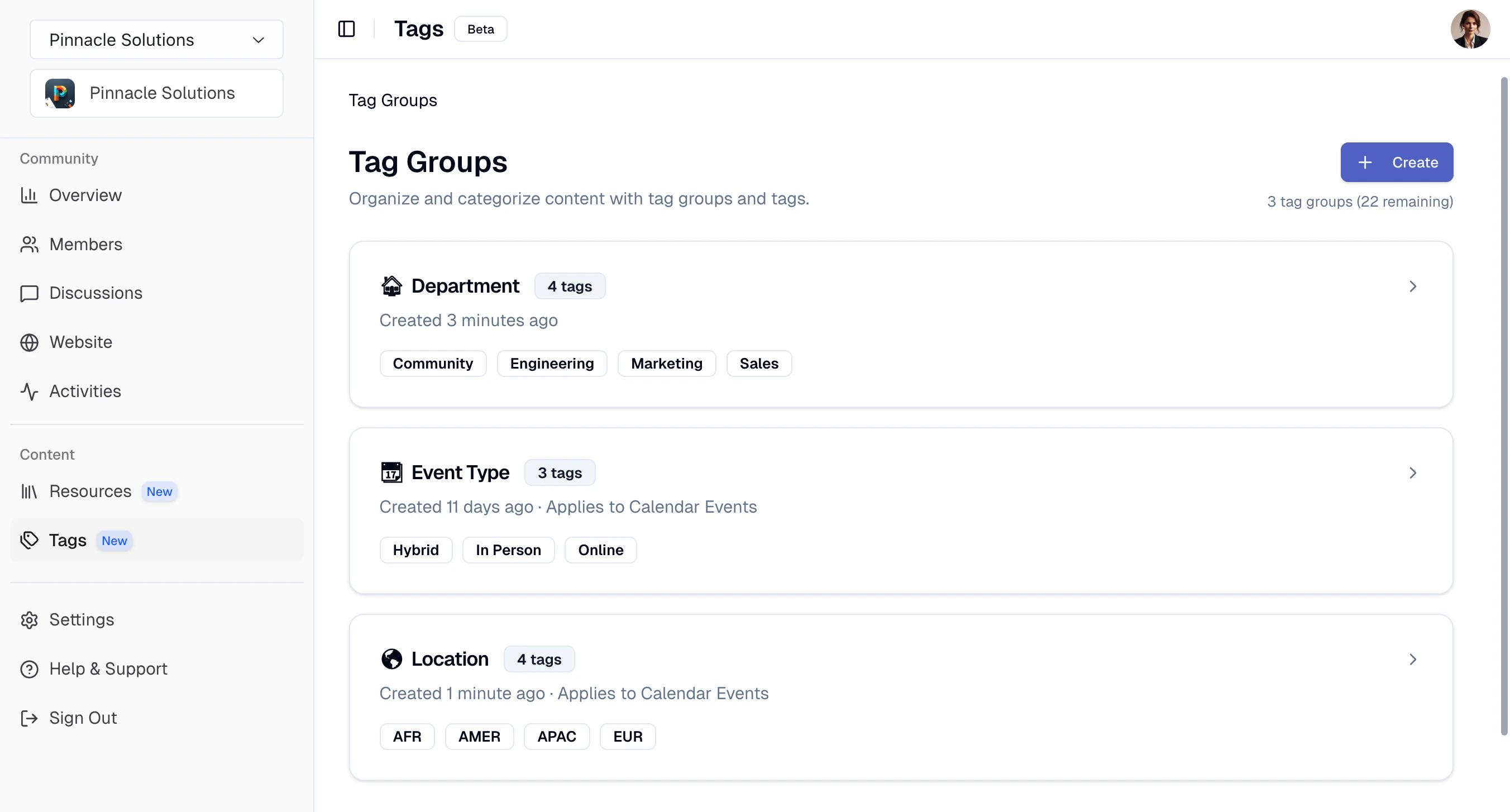 Tags page in the Studio