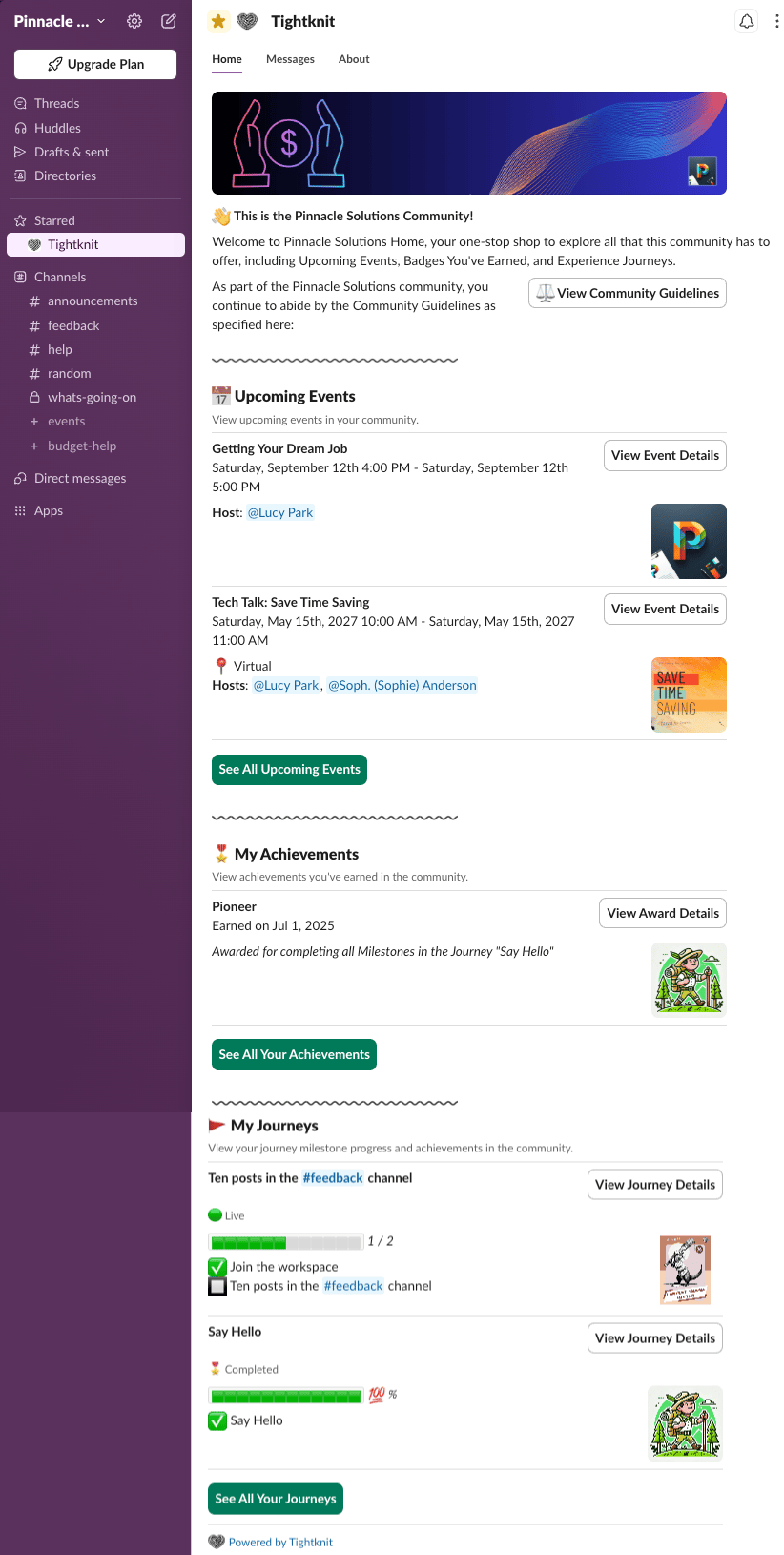 Community Home showing community info, upcoming events, achievements, and journeys