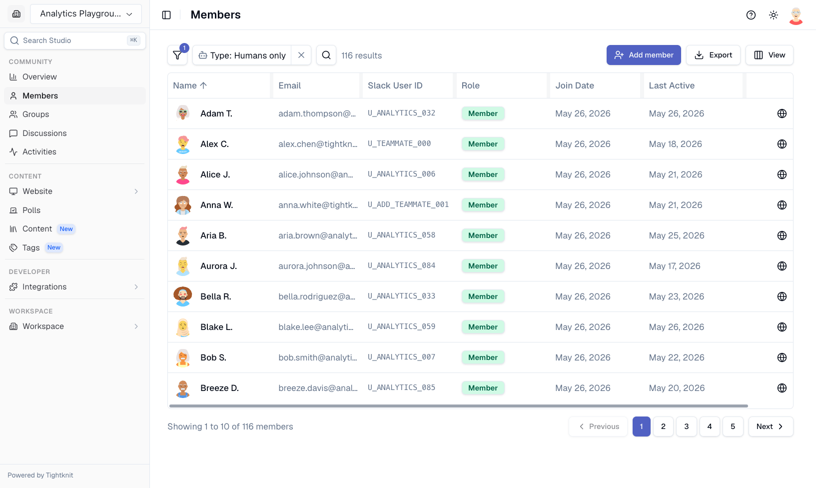 Members page with search, filters, and role management