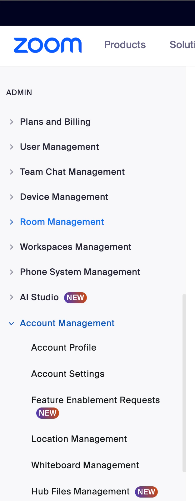 Zoom admin sidebar showing Account Management expanded